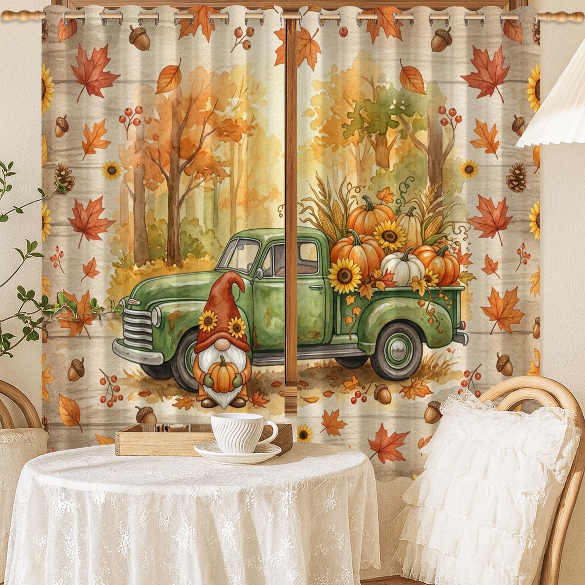 Rideaux occultants gnomes et citrouilles vert automne pour salon 132x137 cm