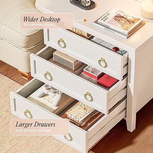 Miniatura 5 de Huuger Juego de 2 mesitas de noche con estación de carga y puerto USB-C, juego de 2 mesitas de noche de 3 cajones, mesa de noche más grande y ancha,