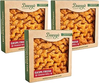 Dewey's Bakery Moravian Sugar Cake | Coffee Cake Baked with Cinnamon & Pure Cane Sugar | Fresh Baked, Get Well, Sympathy, Birthday Gift, Breakfast Treat | Pack of 3 (14 oz)