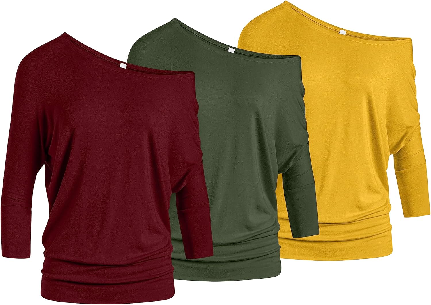 3 Pack Dolman Tops for Women Off The Shoulder Tops Banded Waistband Shirts 3/4 Sleeves Regular and Plus Size Tops Value Pack