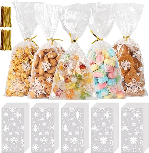 TOEKSIX Bolsas de regalo de copo de nieve de invierno, 100 piezas con 110 giros dorados para aperitivos, galletas, dulces y recuerdos de fiesta