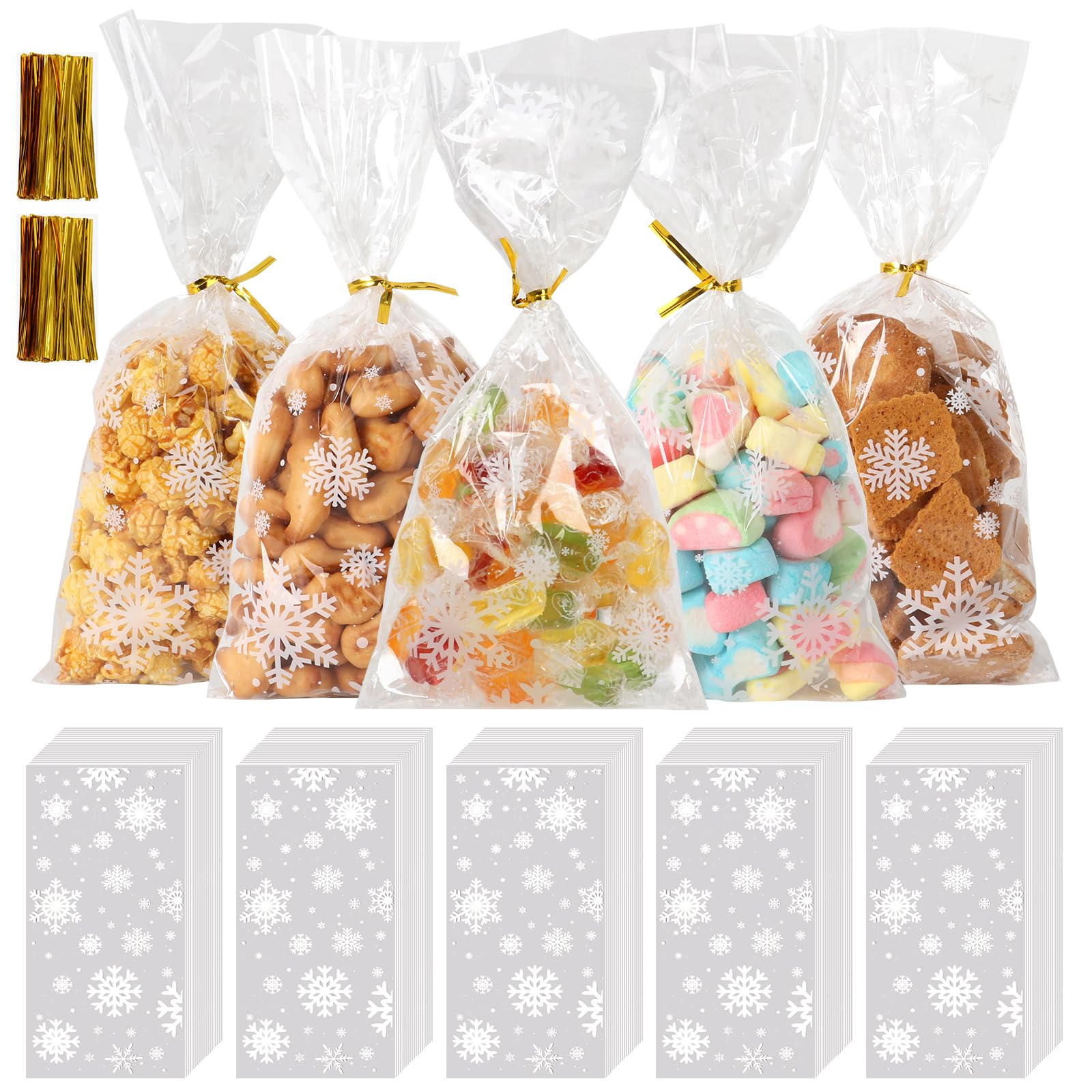 Toeksix Christmas Cellophane Treat Bags 100pcs Winter Snowflake