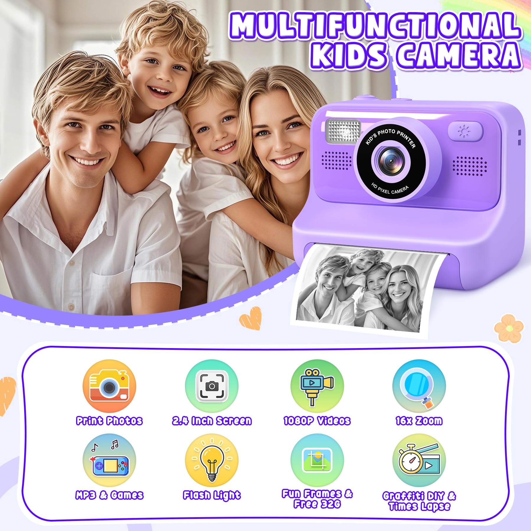 Subtail Fotocamera istantanea per bambini, 1080P, fotocamera istantanea per bambini, fotocamera digitale per selfie con 32 GB, giocattolo di compleanno a partire da 3-12 anni(Viola)