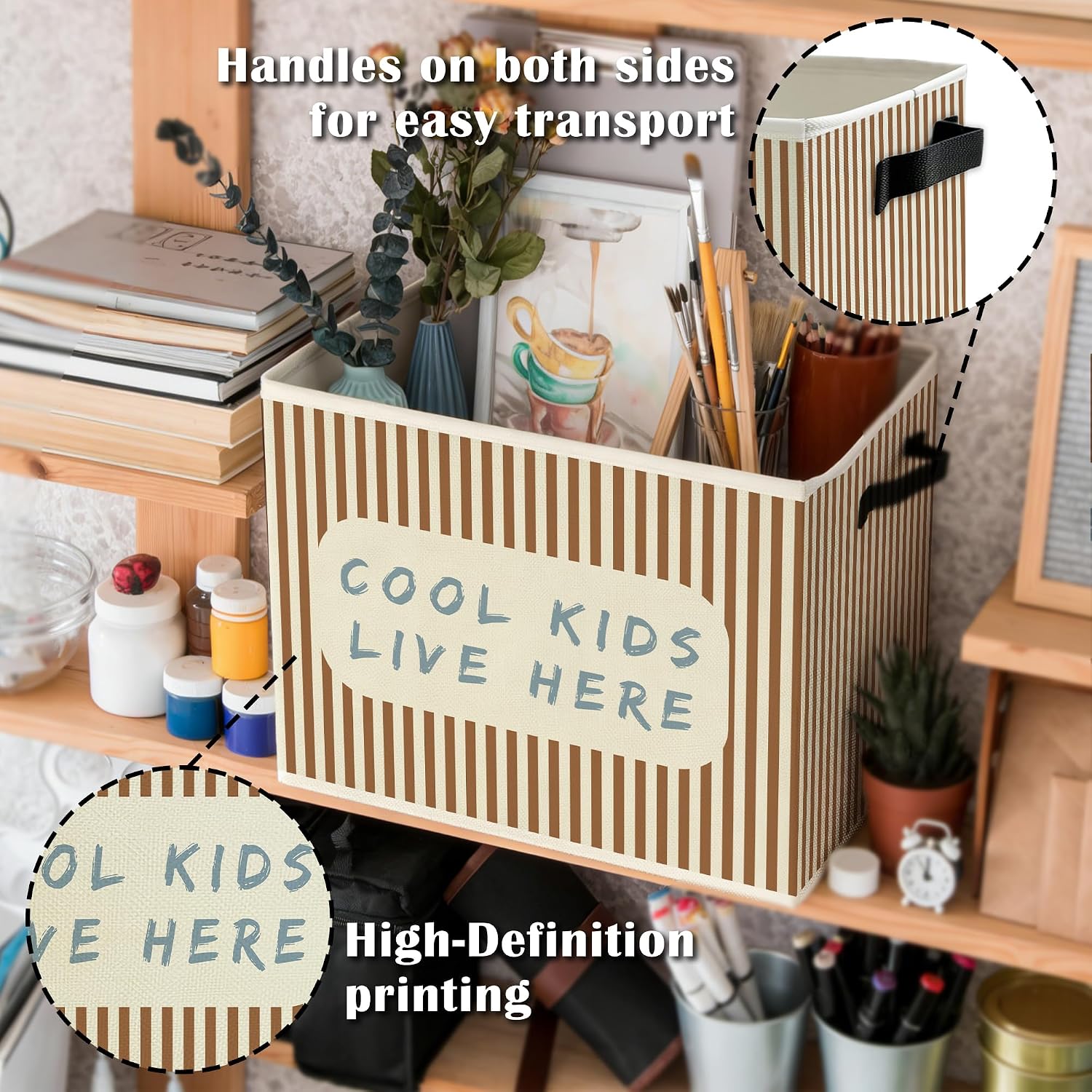 Kids Room Storage Bins Box with Handles, Cool Kids Live Here Vintage Striped Collapsible Basket Organizer for Kid Boy Girl Nursery Room Bedroom Bathroom Playroom Books Clothes image 5