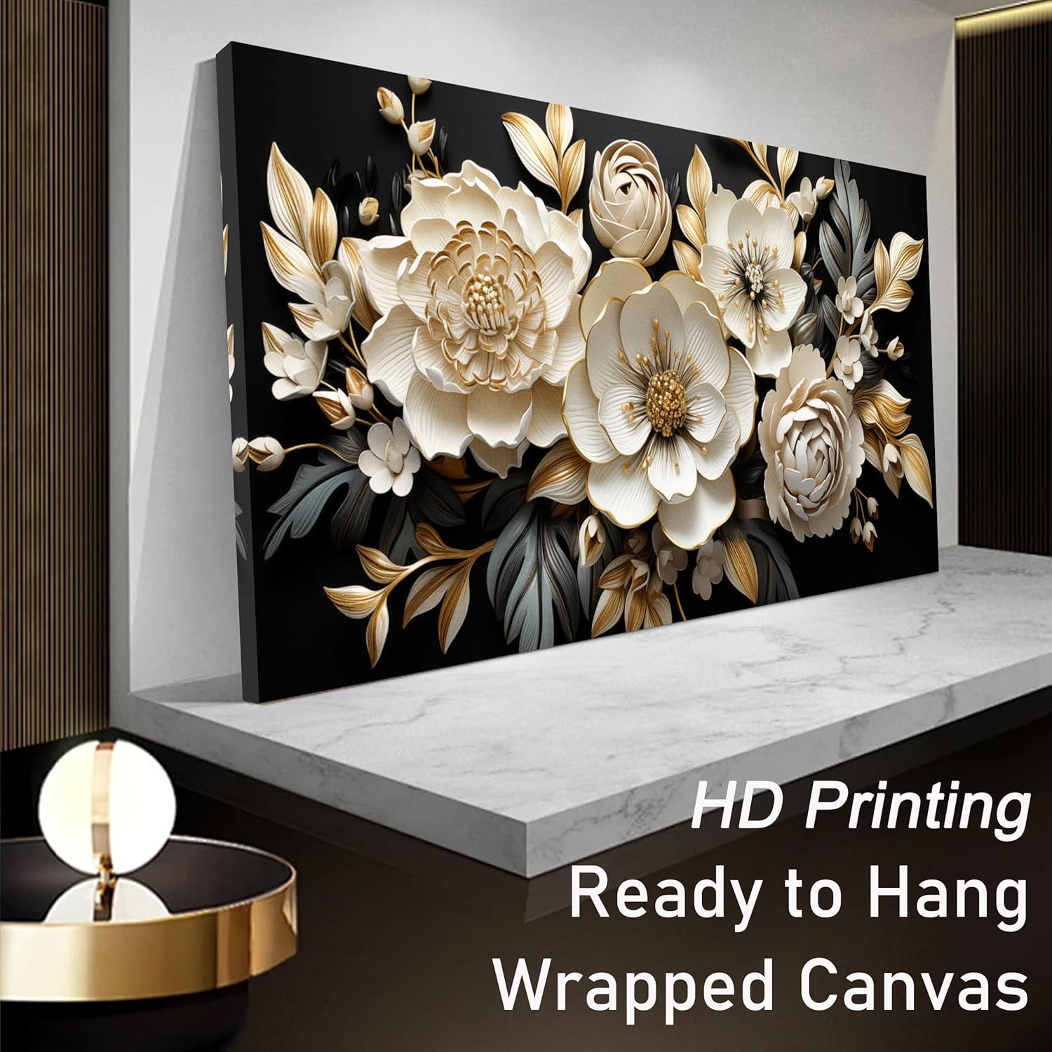 Trogonup Large Gold and Black Flower Wall Art for Bedroom Botanical Picture Modern Artwork for Living Room Office Teen Girls Room Kitchen 29x58 Inch