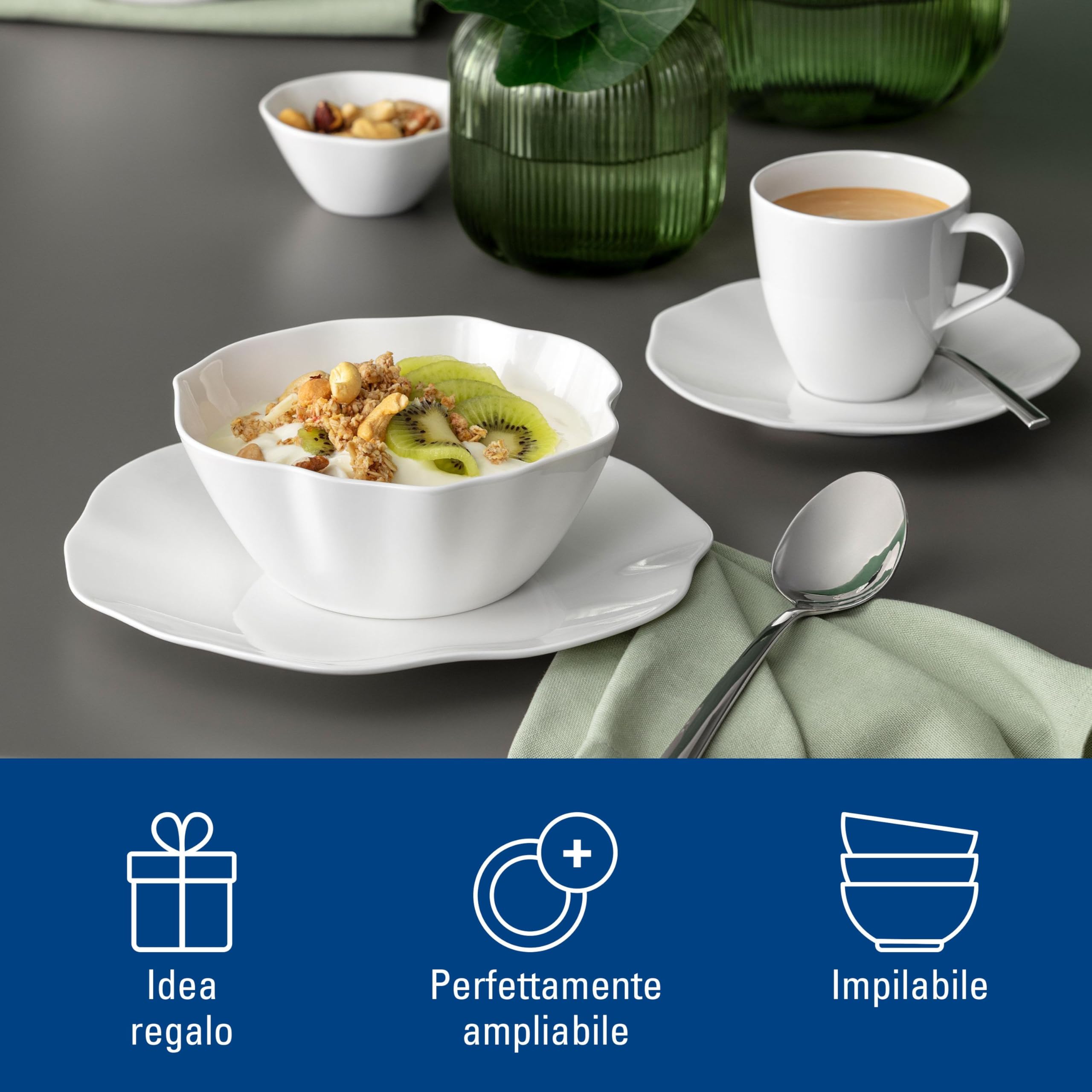 Villeroy & Boch – Pura piatto da dessert/colazione, ca. 22 × 22 × 2,5 cm, bianco puro, lavabile in lavastoviglie e utilizzabile nel microonde, forma fluida, porcellana Premium Bone made in Germany
