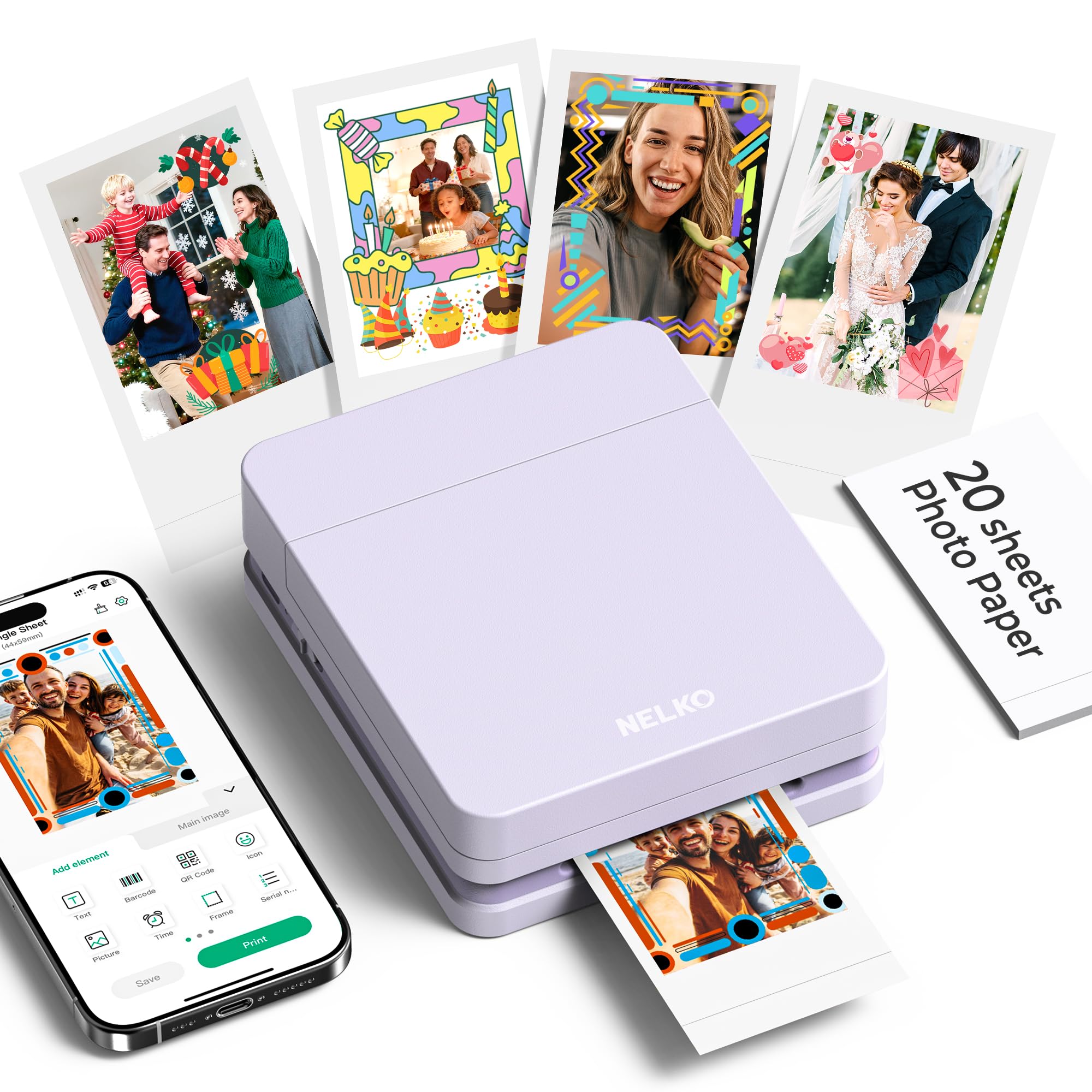 Nelko Photo Printer, PP01 Color Portable Mini Photo Printer, Instant Smartphone Inkjet Sticker Printer, Purple