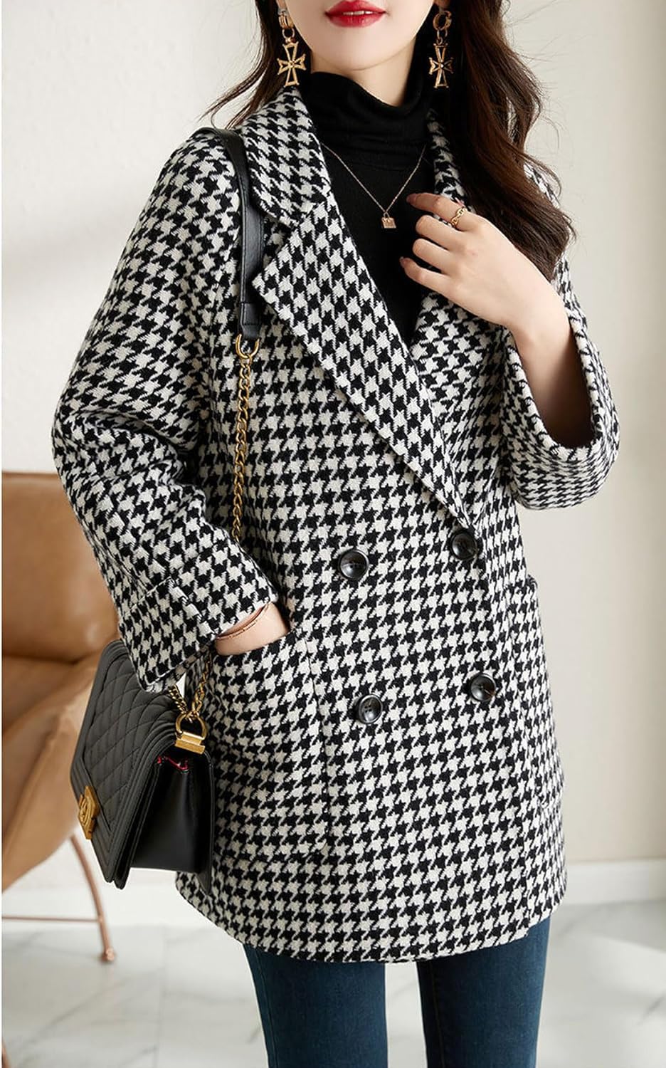 chouyatou Women's Winter Double Breasted Houndstooth Plaid Wool Pea Coat Notch Lapel Dressy Wool Trench Coat