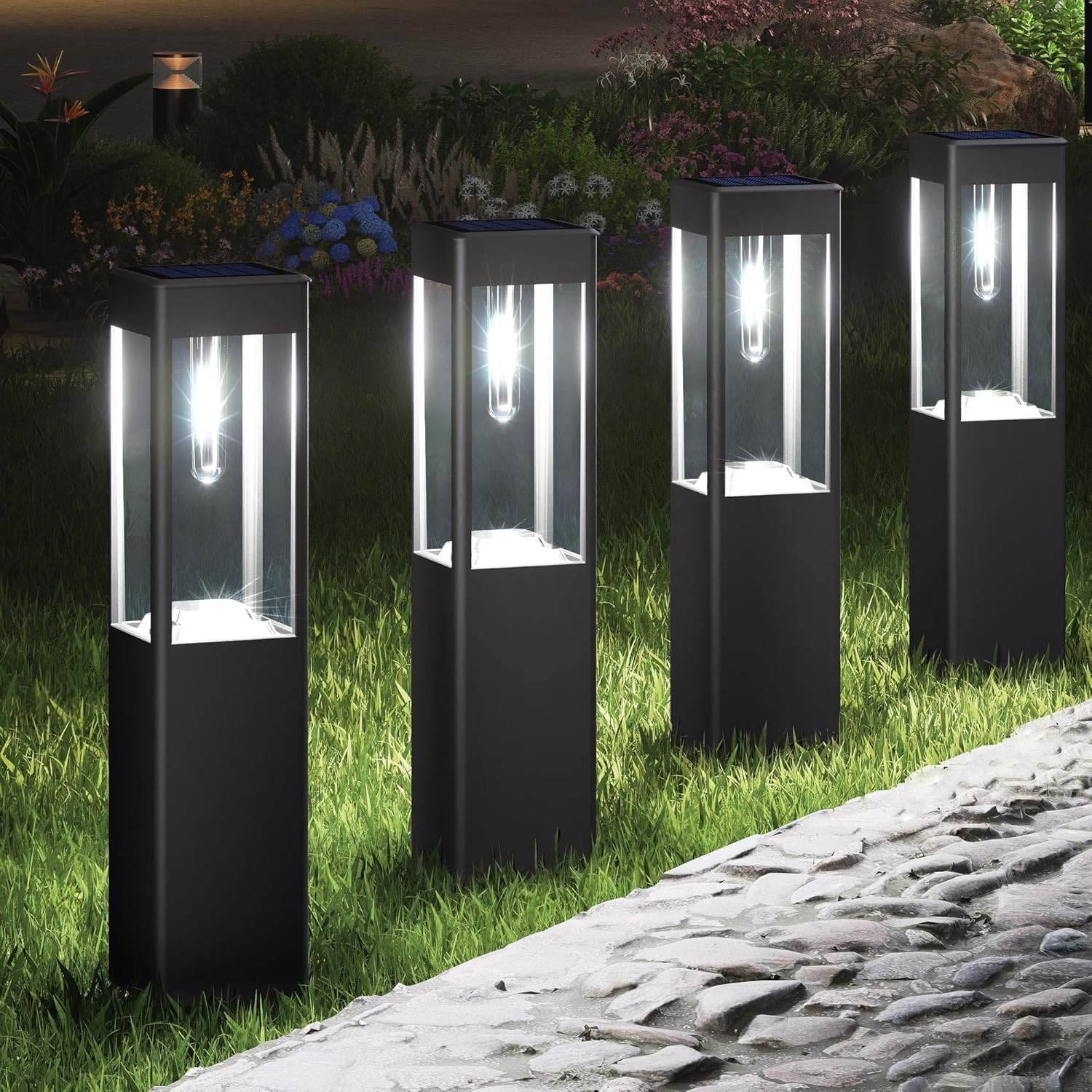 Joomer Lampade Solari da Giardino, 4 Pezzi LED Luci Solari Esterno per Prato Quadrate, Impermeabile Luci Solari da Giardino con Lampadina per Corte Terra Cortile Vialetto, Bianca