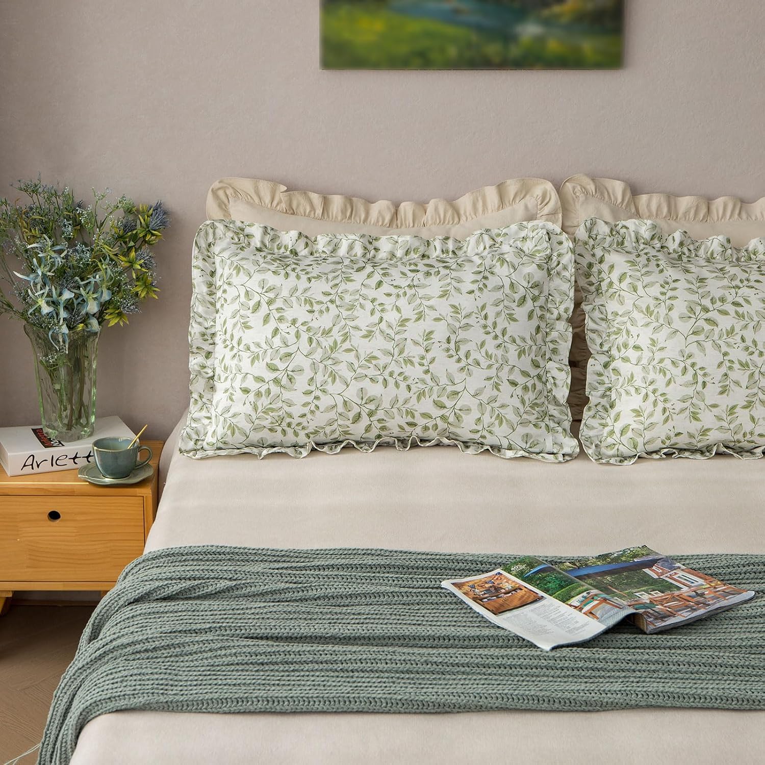 GLORY SEASON Rustic Pillow Shams Set of 2 Plant Leaf Printed with Ruffle Flounces Trim Linen Style Pillow Cases for Bedroom Decor Pillow Covers Bed Pillowcases Olive Green,36x20 Inch