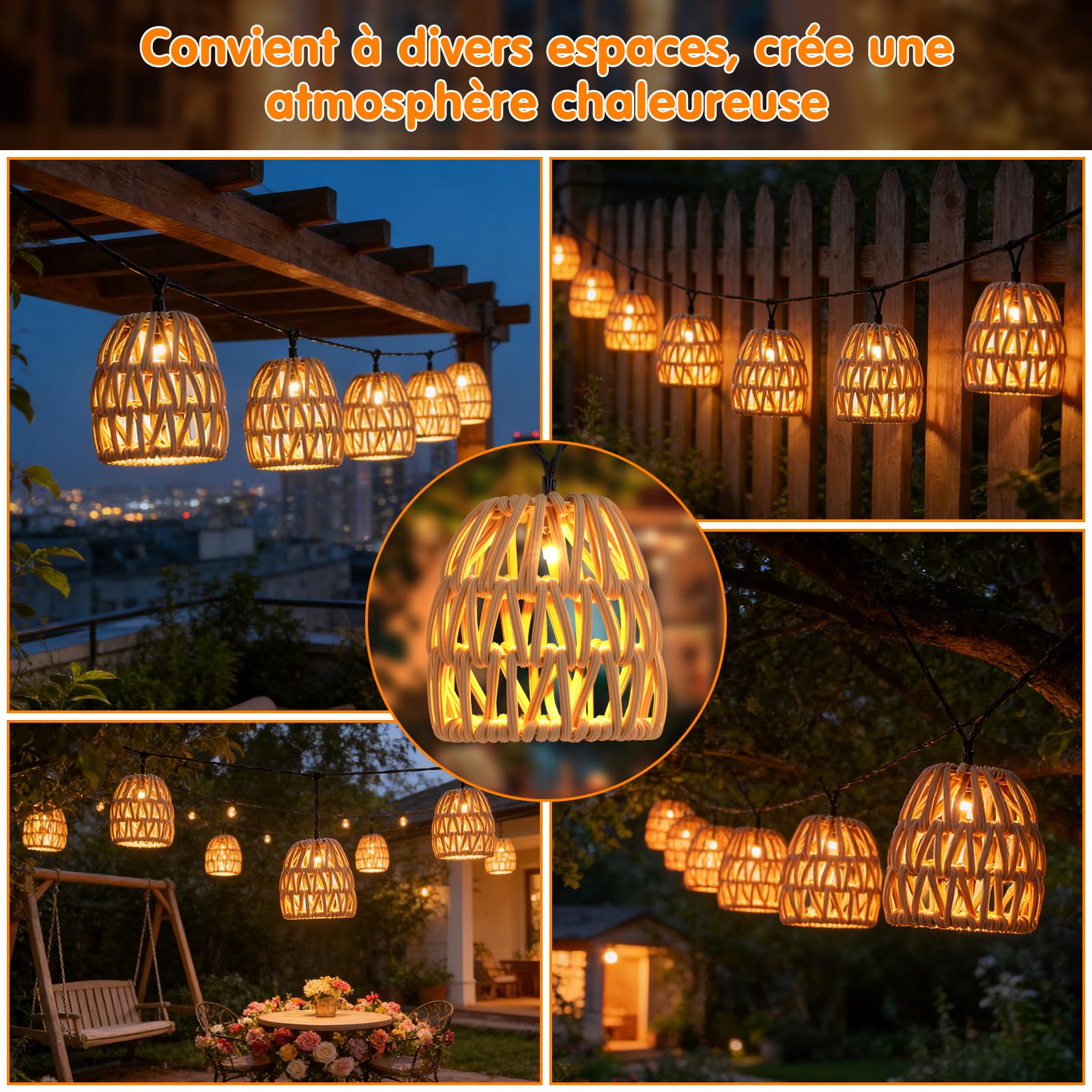 10 LED Guirlande Solaire Exterieur 3,6 m, Guirlande Lumineuse Exterieure Solaire IP44 Étanche, Lampions Boule en Rotin Aspect PE, Batterie 600mAh, pour Balcon et Jardin