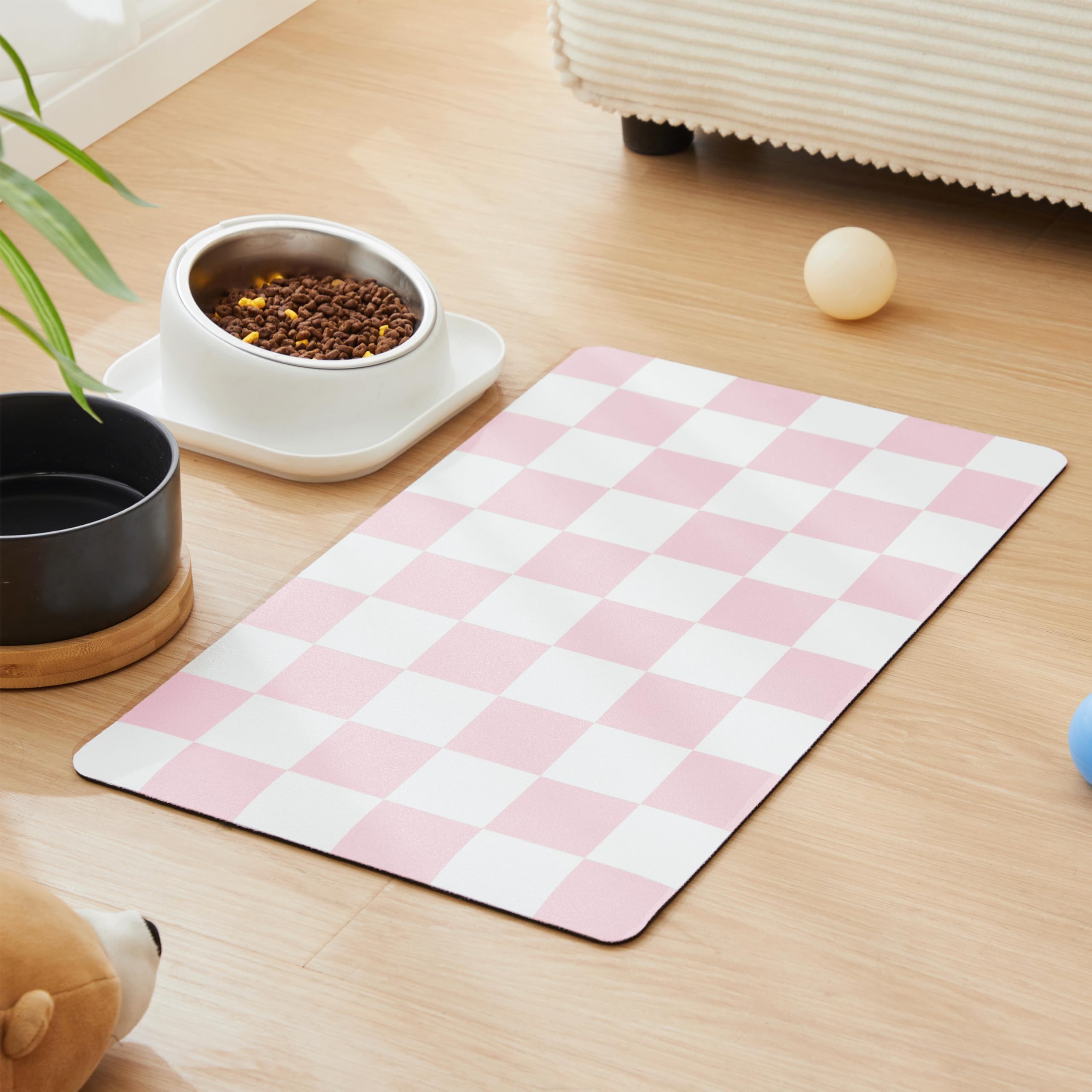 Ralxion Checkered Dog Feeding Mat, Absorbent Mats for Dog Food and Water Bowl, Dispenser, Feeder, Retro Aesthetic Pastel Pink Checkerboard Pet Placemat for Dogs, Cats, Puppy Accessories, 16" X 24” — image 1