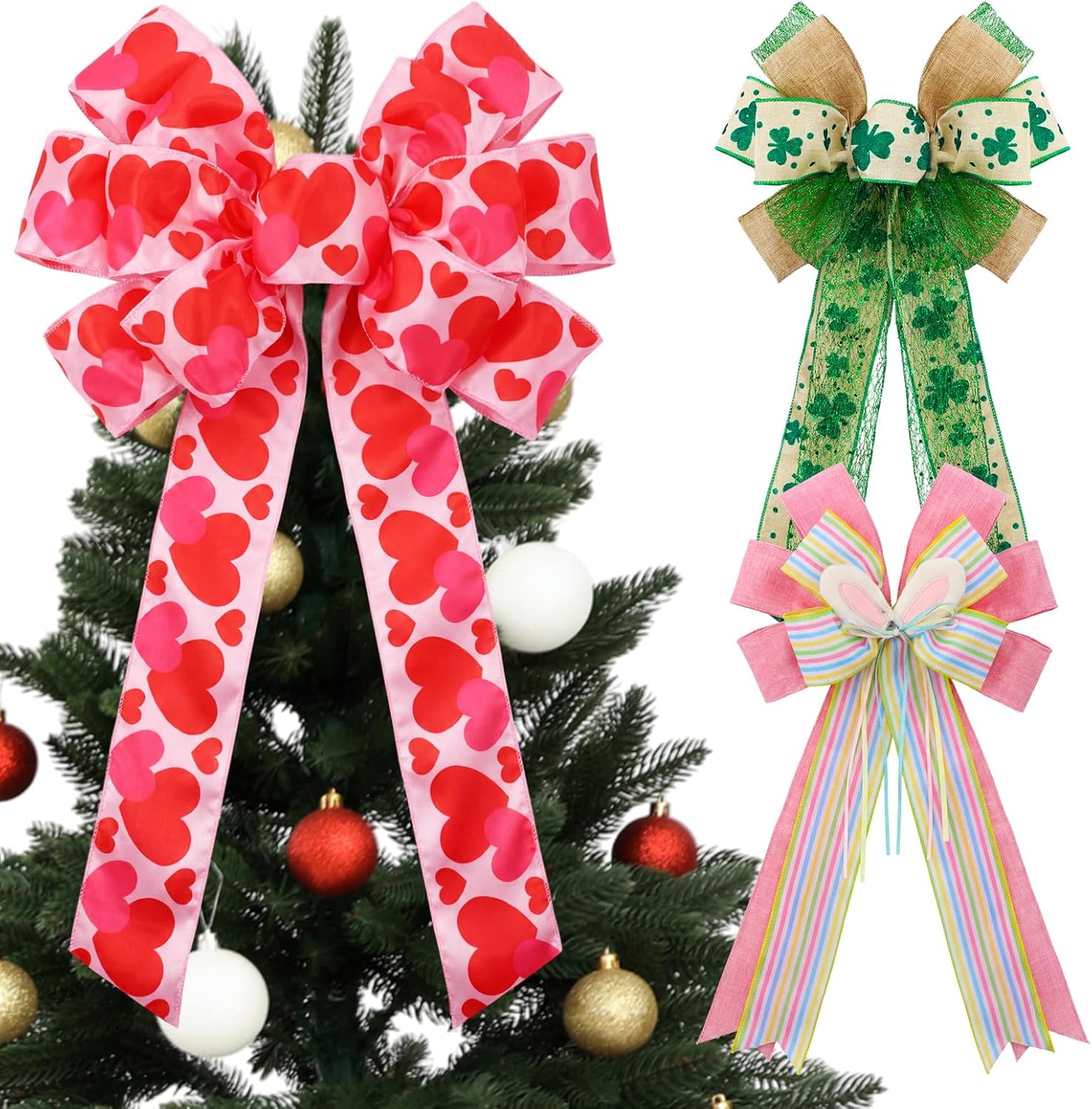3 Pcs Valentine St. Patrick's Day Easter Large Bows for Tree Topper Wreath Decor, Valentine's Day Bow with Heart, Irish Clover Bow, Easter Bunny Ear Bows, Holiday Decor for Front Door