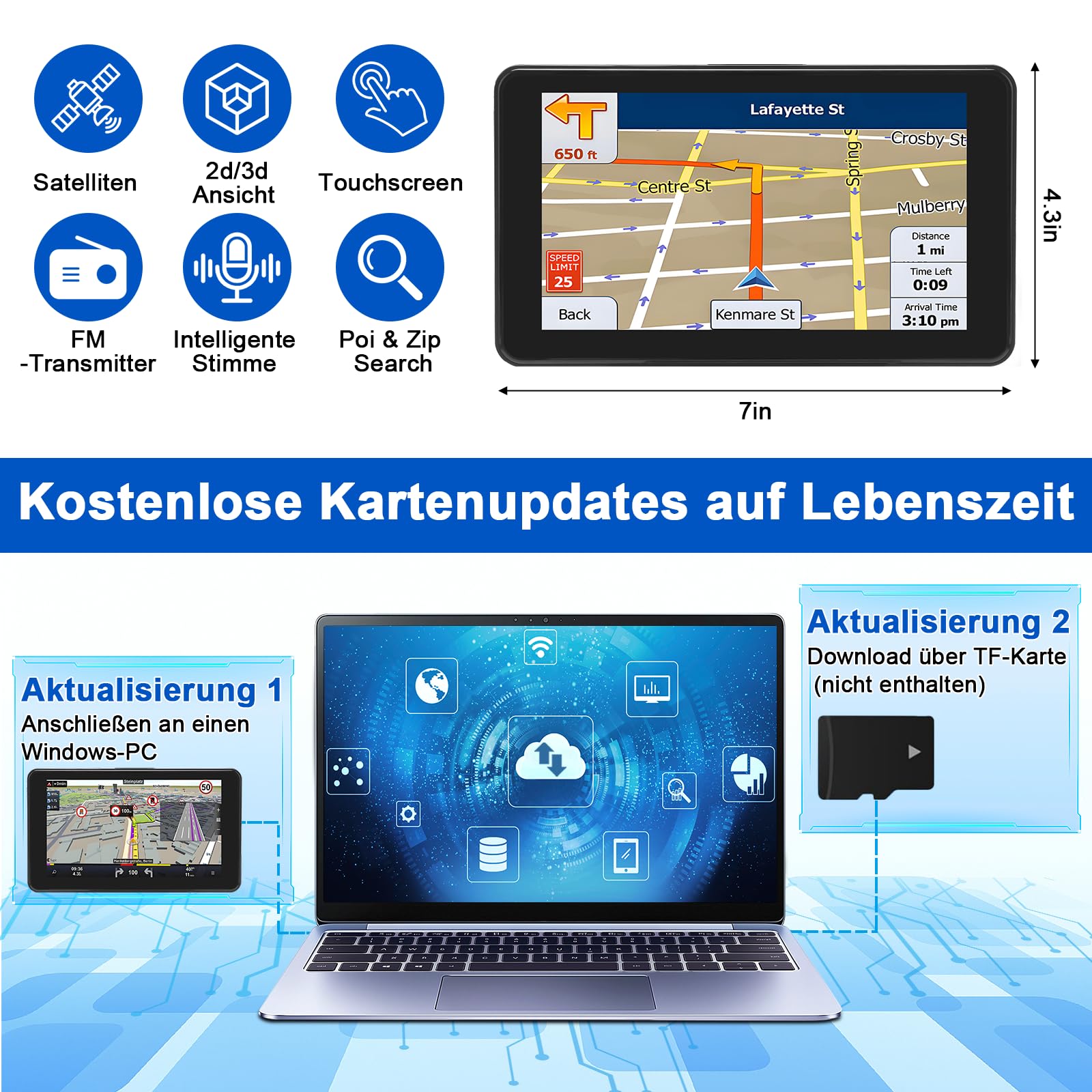 Navigationsgeräte für Auto,7 Zoll,LKW navigationsgeräte-GPS mit Echtzeit-Verkehrsinformationen,mit HD-Display und Sprachsteuerung,europäische Karten,geeignet für PKWs,Wohnmobile und LKWs