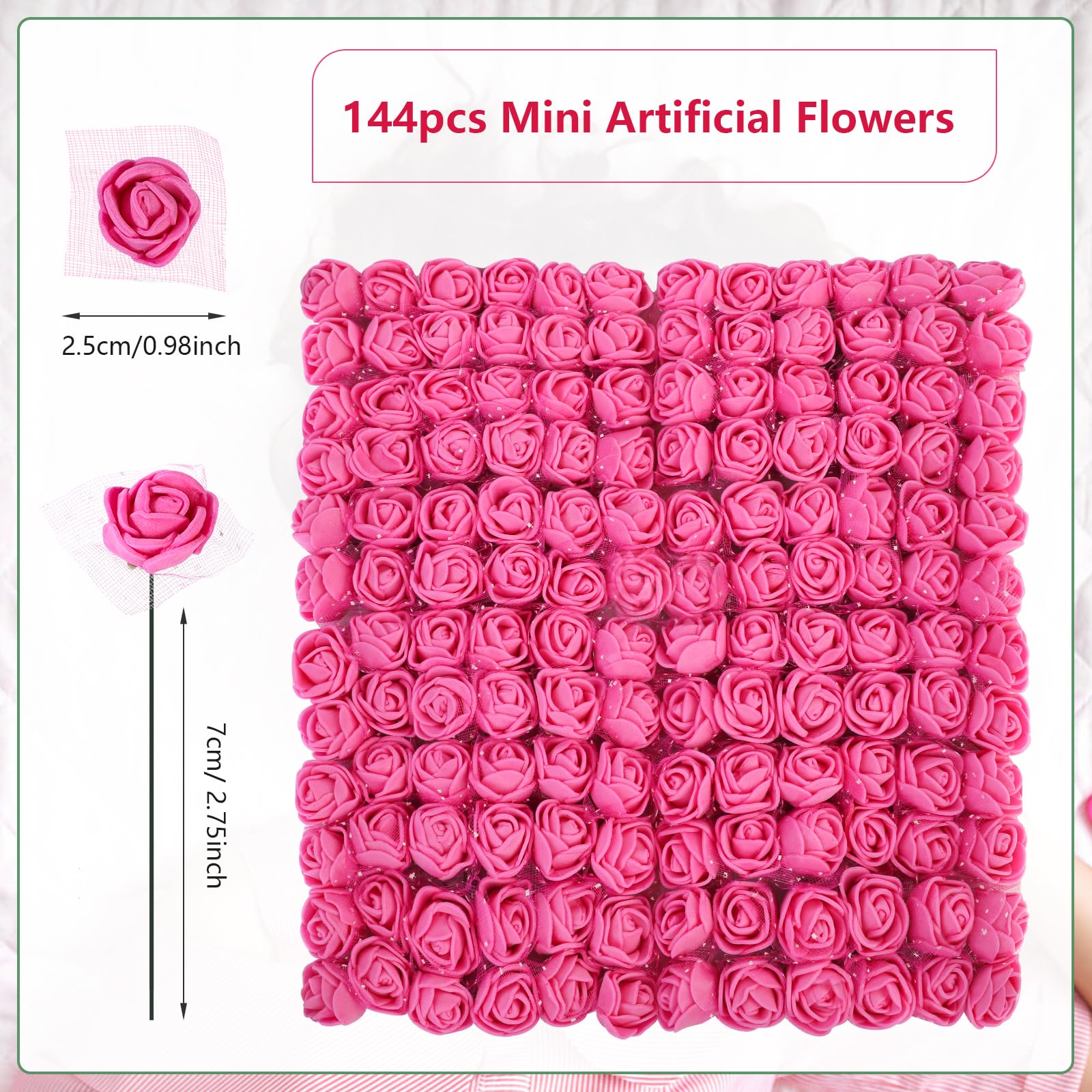 MWOOT 144 stuks mini-rozen kunstbloemhoofden, rode plastic rozenknoppen met stengels om te knutselen, kleine neprozen voor doe-het-zelf Valentijnsdag, bruiloft, boeket festival, decoratie, kleine