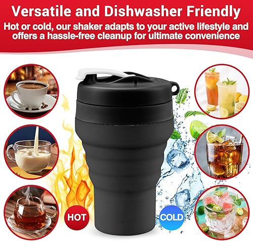 Miniatura 7 de Batidora de proteínas plegable y botella de agua de grado alimenticio, tapa a prueba de fugas, vaso agitador de 20 onzas, vaso mezclador de silicona