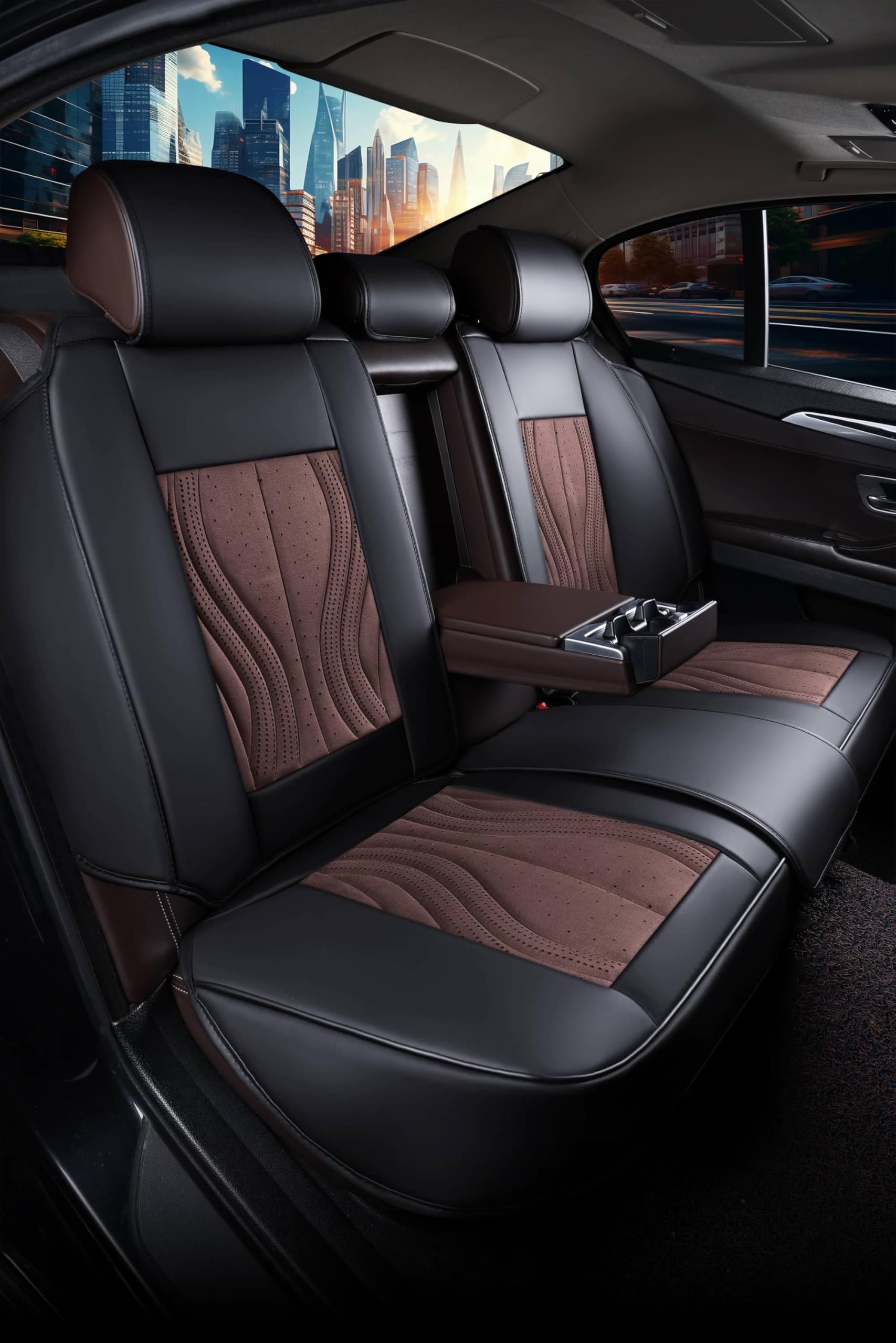 Autositzbezüge Universal für PKW & SUV – Premium Schonbezüge Komplettset Schwarz/Braun, hochwertig verarbeitet für mehr Sitzkomfort, Airbag-kompatibel Sitzauflage, für Vorder- und Rücksitze