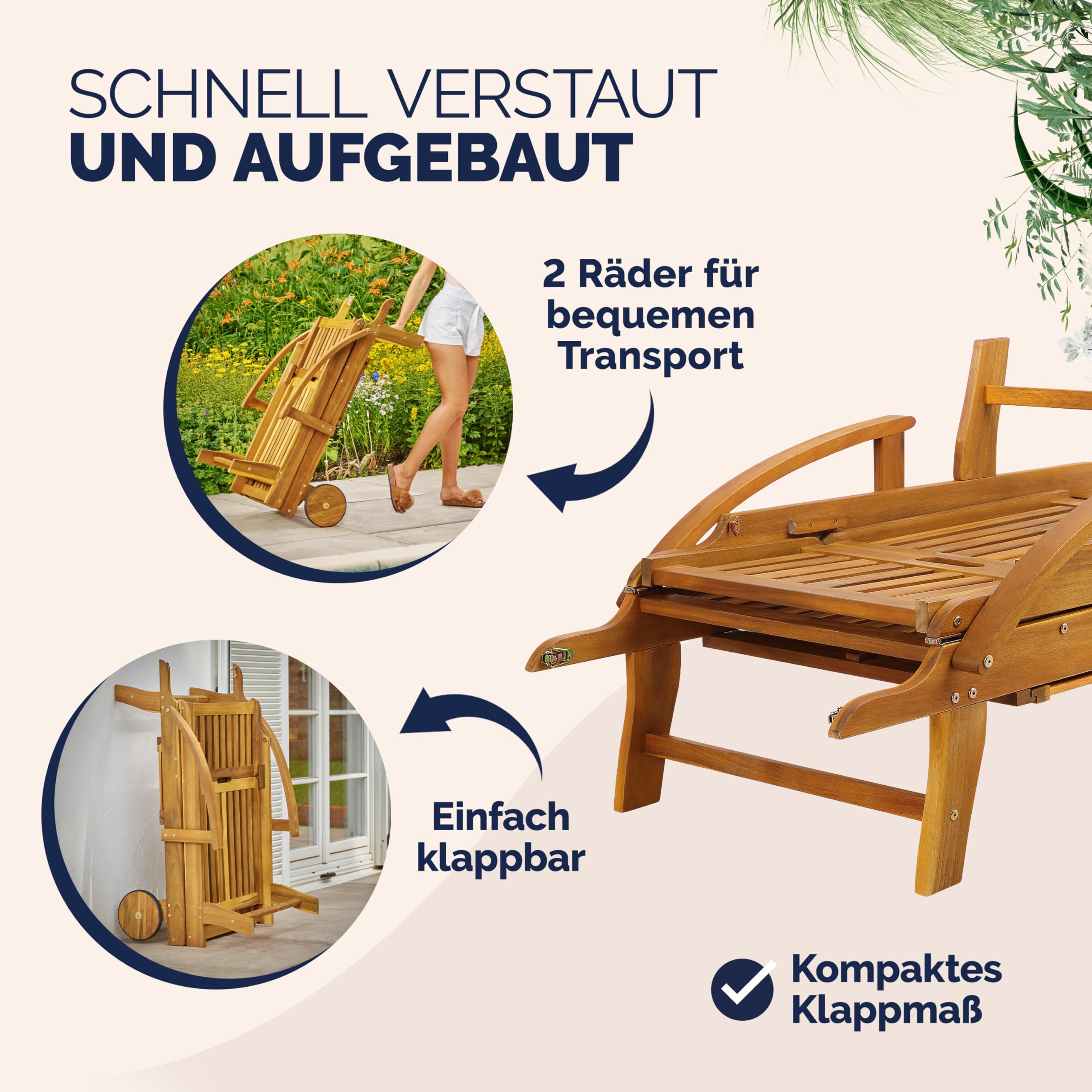 Casaria® Sonnenliege Klappbar Wetterfest Holz Gartenliege 160kg Belastbar mit 2 Räder Ablage Tisch Liegestuhl Verstellbare Rücken- Fußlehne Garten 196cm