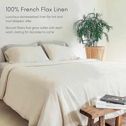 Miniatura 4 de Baloo Pure French Linen Sheets  Juego de sábanas de avena (tamaño matrimonial)  Suave, premium, transpirable, fabricado con fibras naturales libres