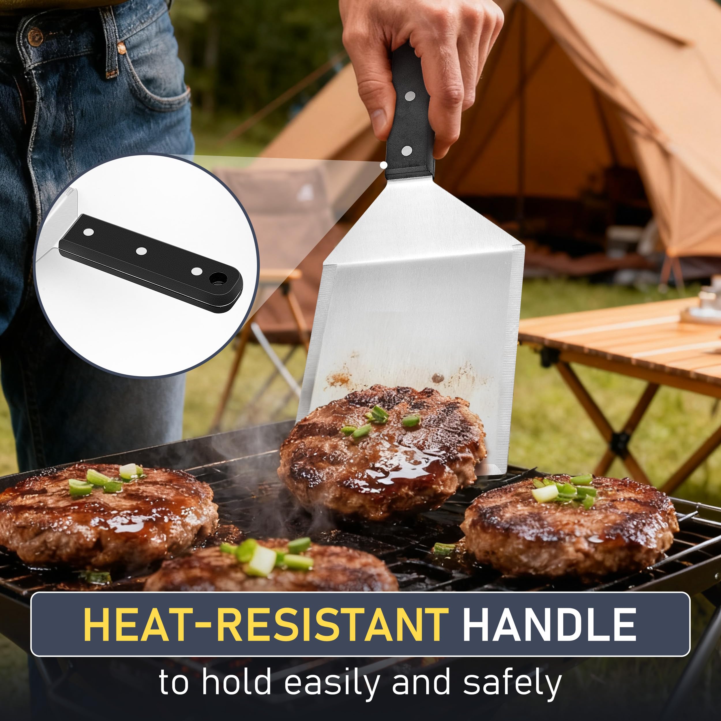 HaSteeL Juego de 2 espátulas de metal de acero inoxidable para plancha grandes con mango de ABS, volteador de hamburguesas resistente, ideal para cocinar barbacoa Teppanyaki, apto para lavavajillas y