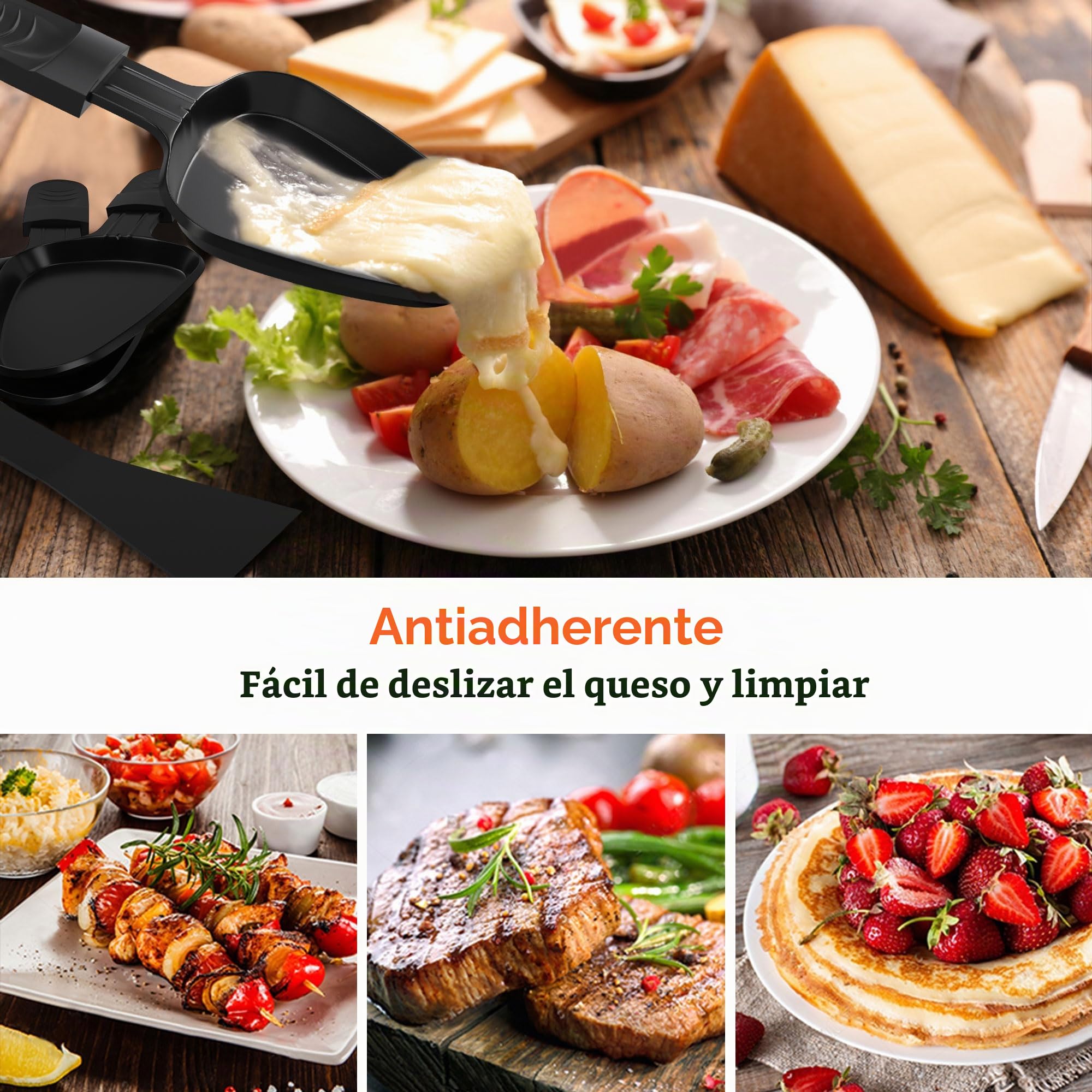 Yoassi 8 Piezas Mini Sartenes de Raclette, Sartenes con Revestimiento Antiadherente Triangular para Raclette - Accesorios de Raclette Grill Con 4 Paletas de Nylon y Mangos Aislantes de Negro