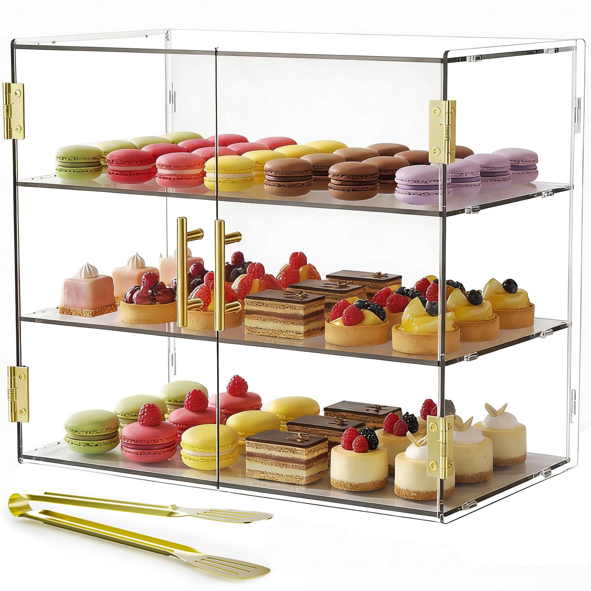 Présentoir de comptoir en acrylique pour boulangerie à 3 niveaux avec porte auto-élastique, 49,5 x 37,8 x 26,2 cm, boîte de présentoir alimentaire en acrylique pour pâtisserie, idéal pour le
