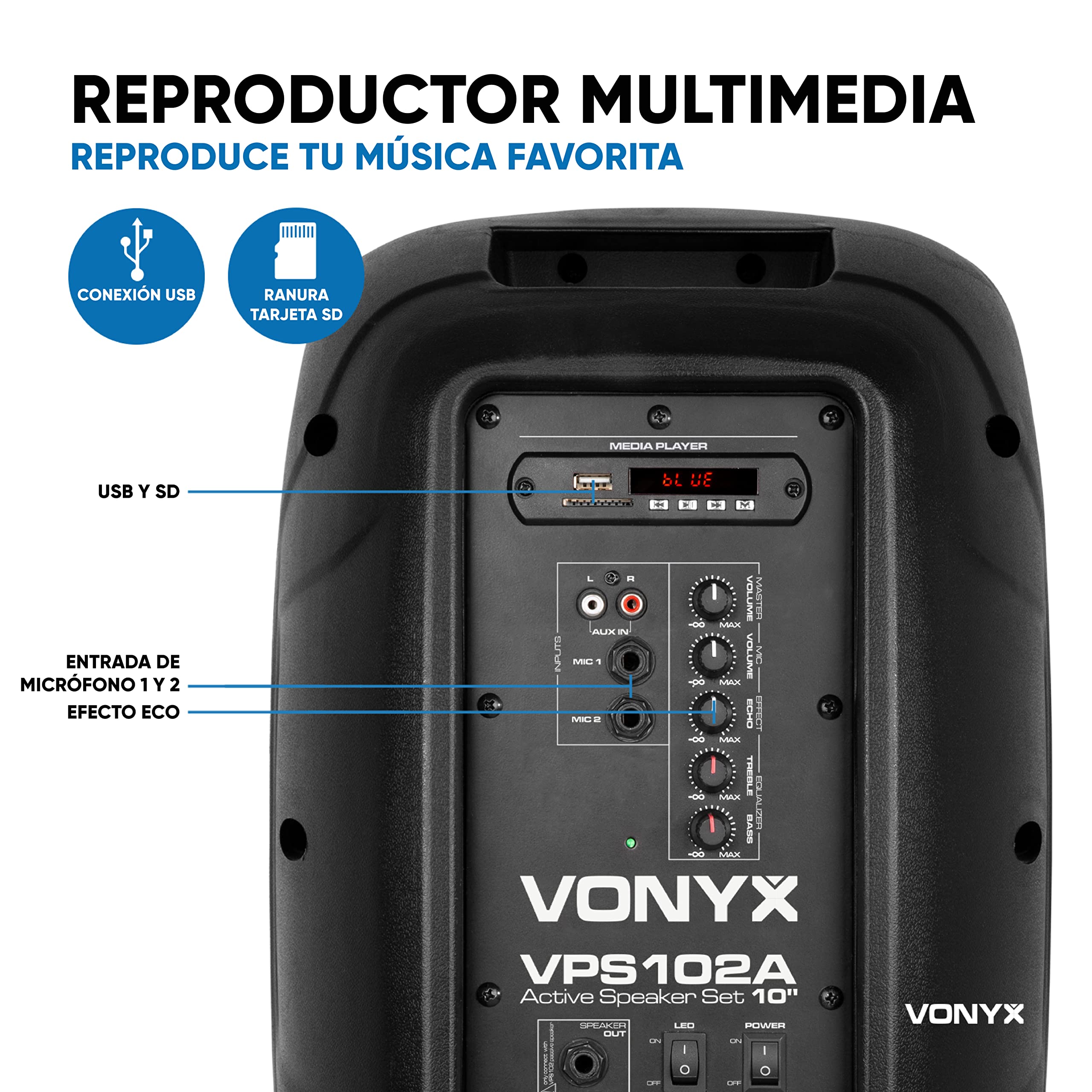 Vonyx VPS102A – Sistema de Sonido Activo 600W con 2 Altavoces 10”, Bluetooth, USB, SD, micrófono, Soportes y LED rítmicos, Altavoz Karaoke portátil Potente para Fiesta y DJ, Color Negro