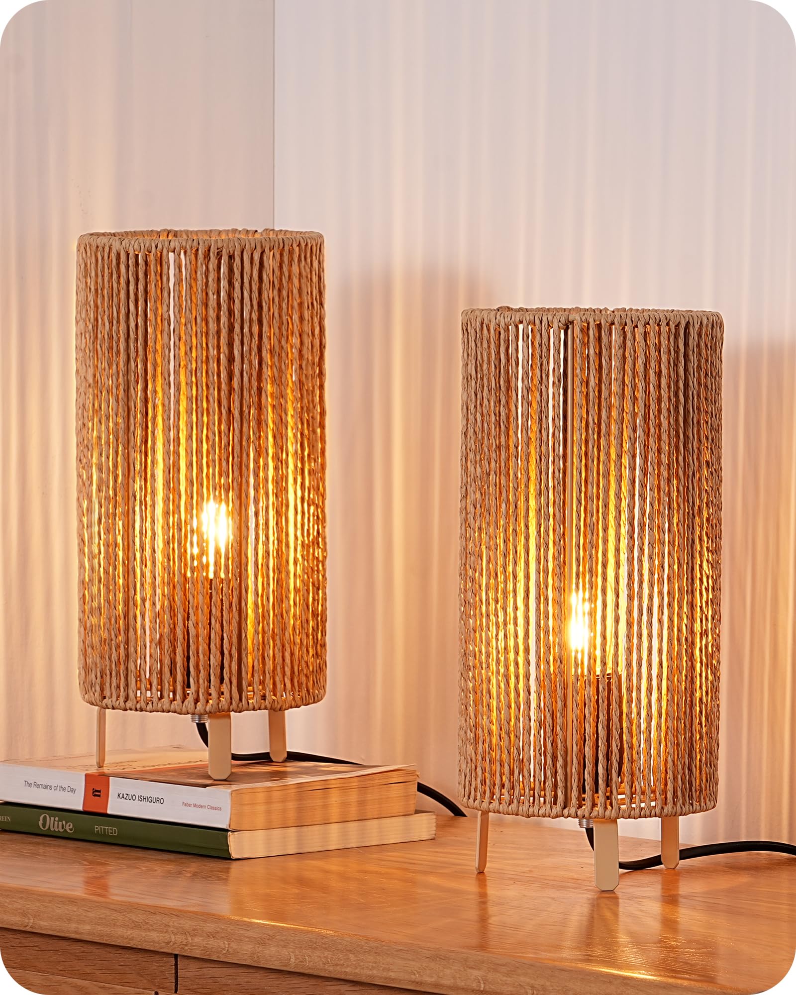 EDISHINE Boho Bedside Lamps Set of 2, Rattan Table Lamp for Living Room, Bedroom, LED Bulb Included, E27 Base, Vertical Stripes Lampshade