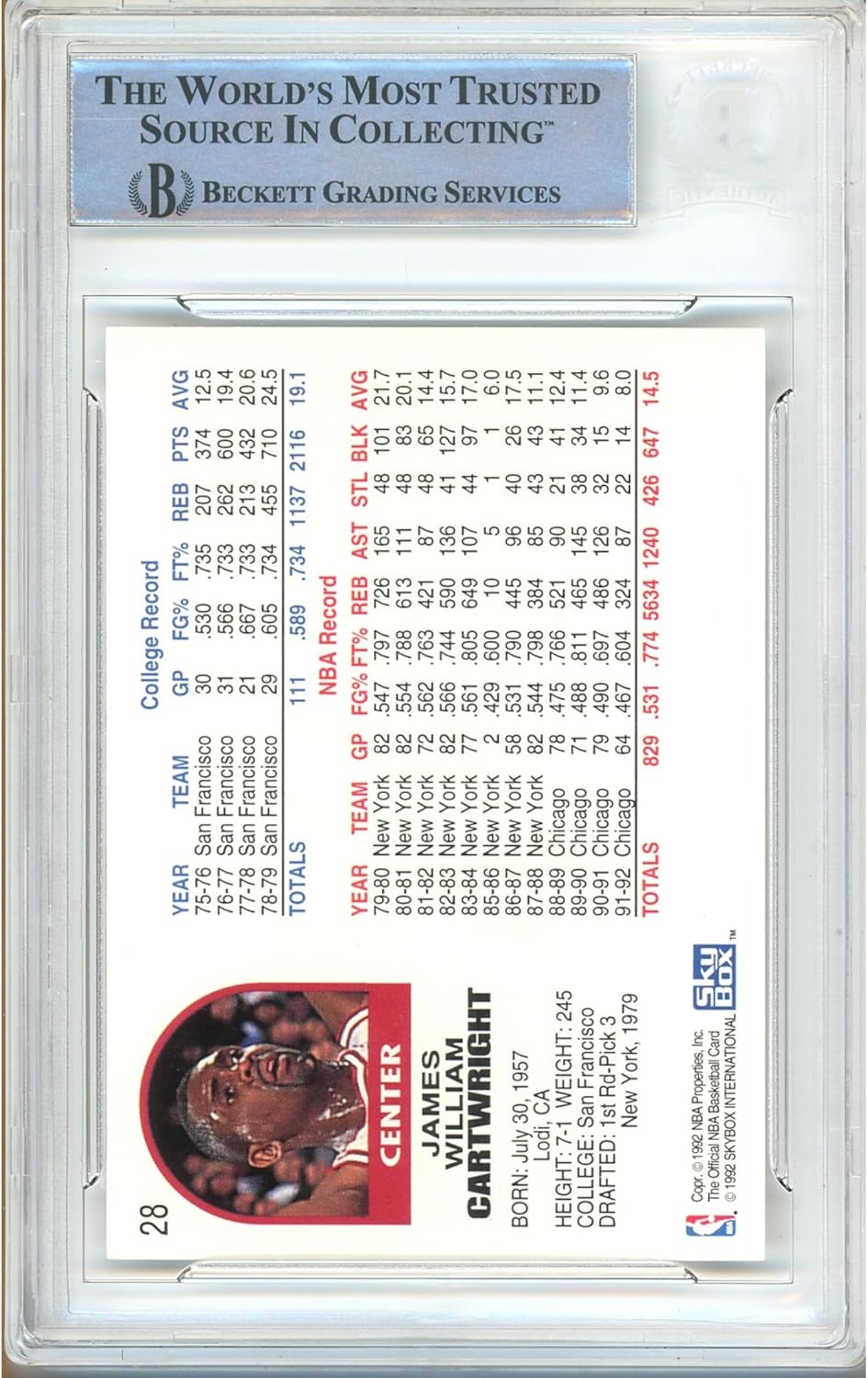 Bill Cartwright Autographed 1992 1993 Hoops #28 Basketball Trading Card Slab Beckett BAS Authentic Slabbed COA Played For Chicago Bulls NBA