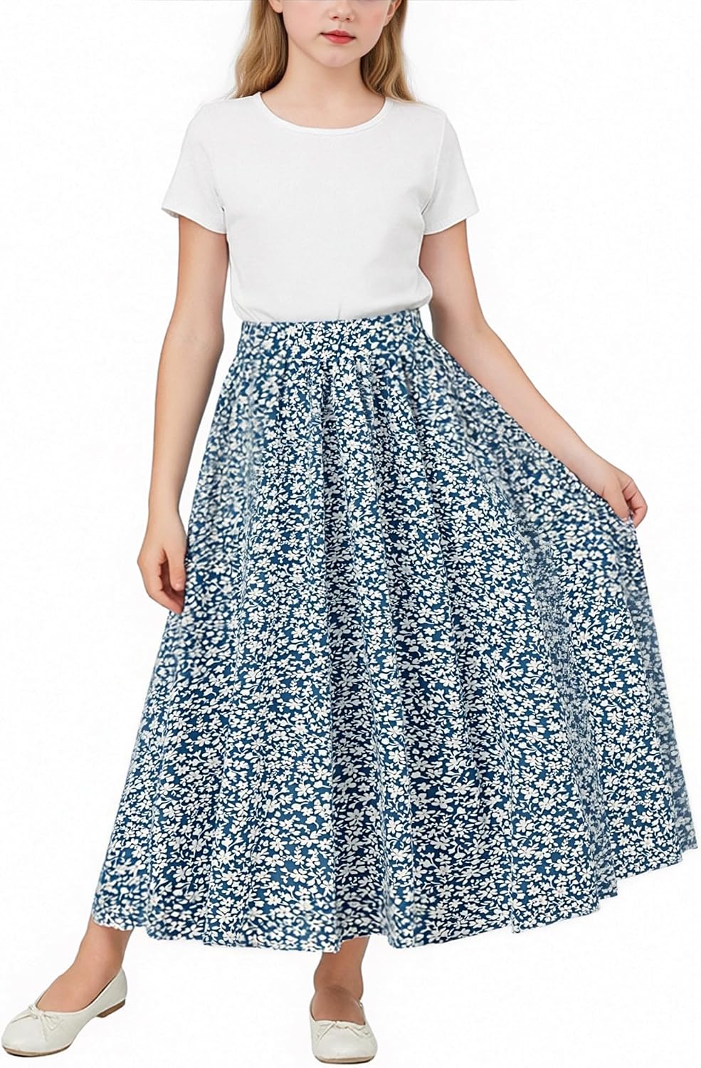 Girls Maxi Skirts Floral Boho Summer Elastic Waist A-Line Long Skirt