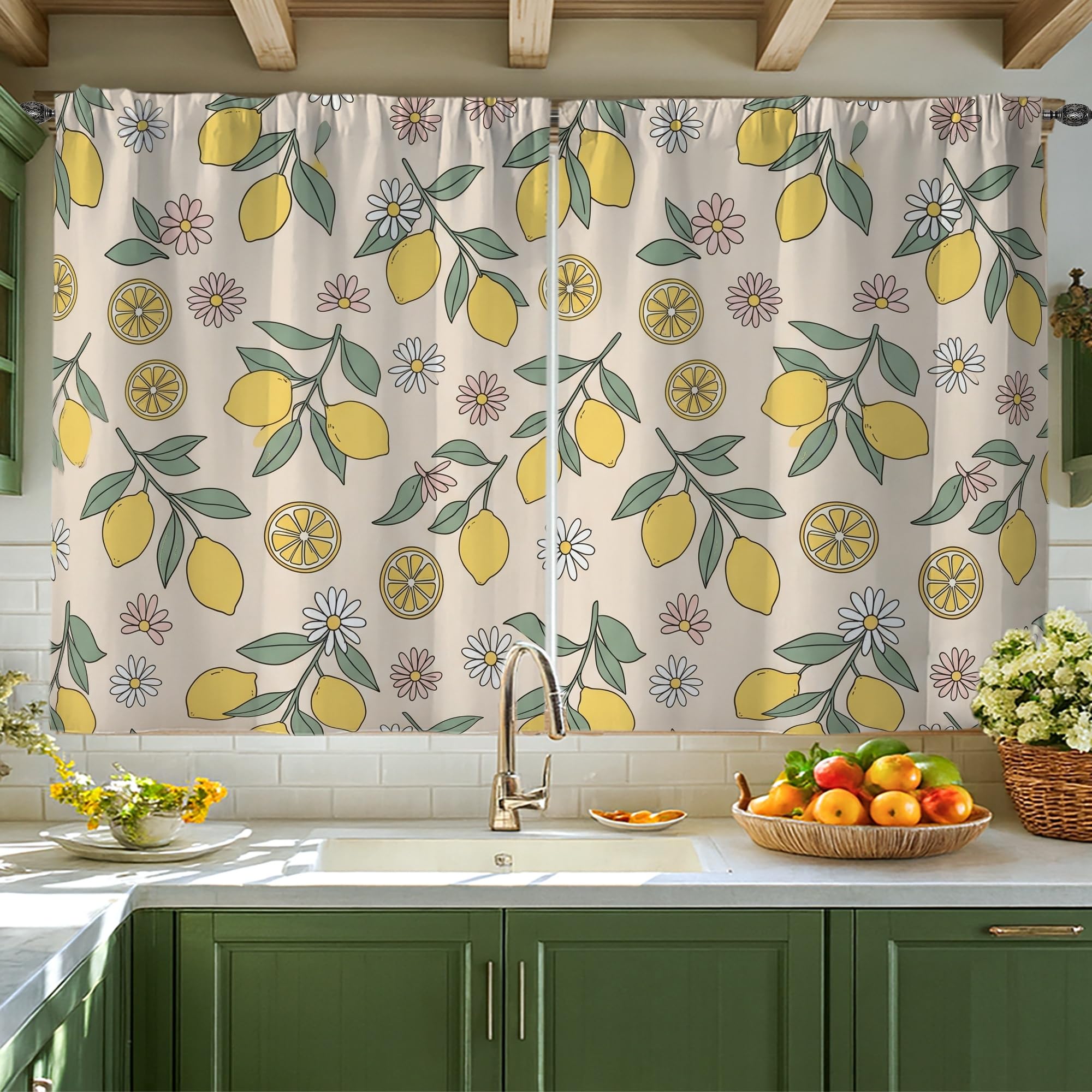 Rideaux de cuisine citron moderne motif fleur et feuilles jaune d'été