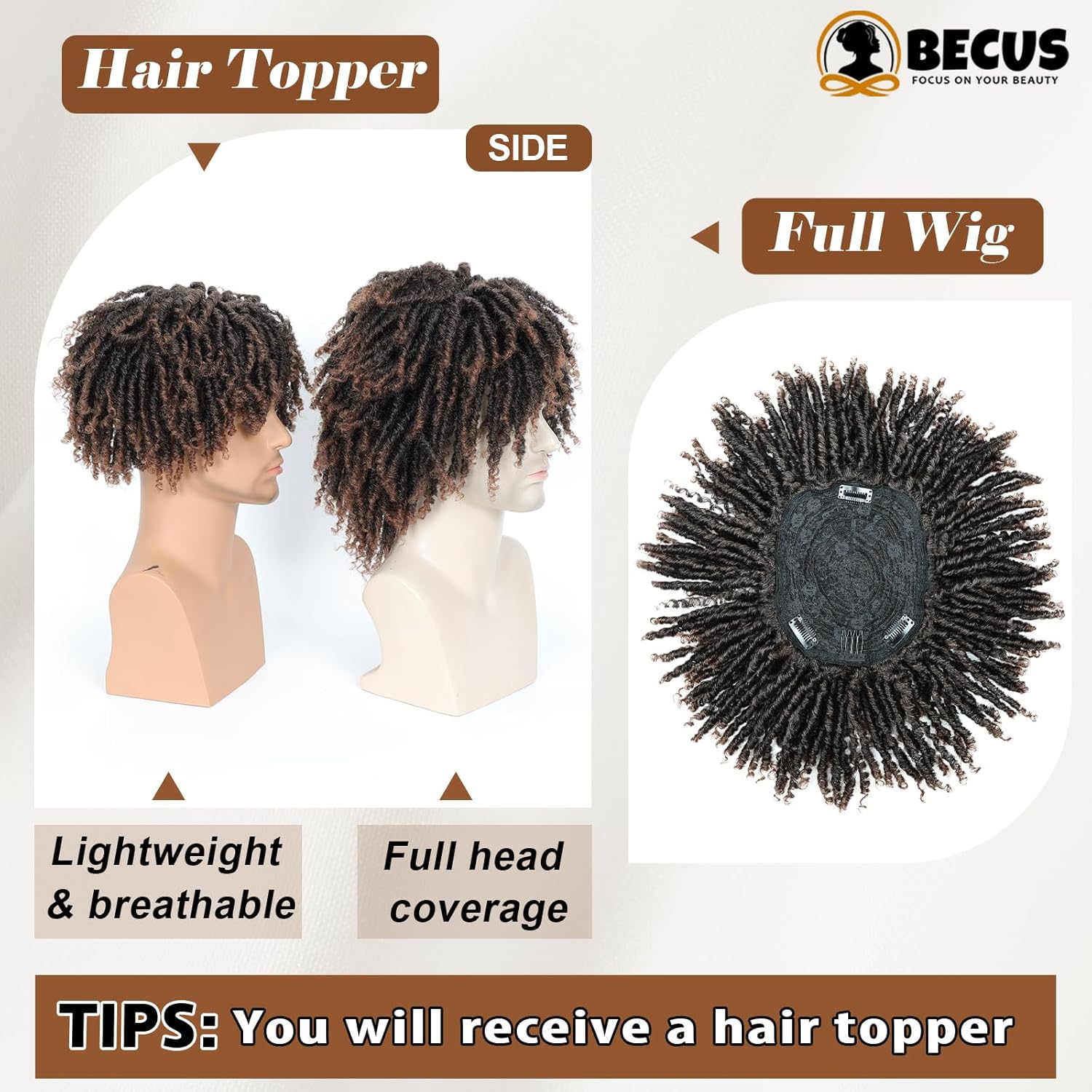 BECUS Dreadlock Hair Topper for Men Afro Synthetic Toupee with Bangs Short Braided Dreads Lock Wiggy Topper for Daily Wear Cosplay Halloween Party (Brown) - Image 3