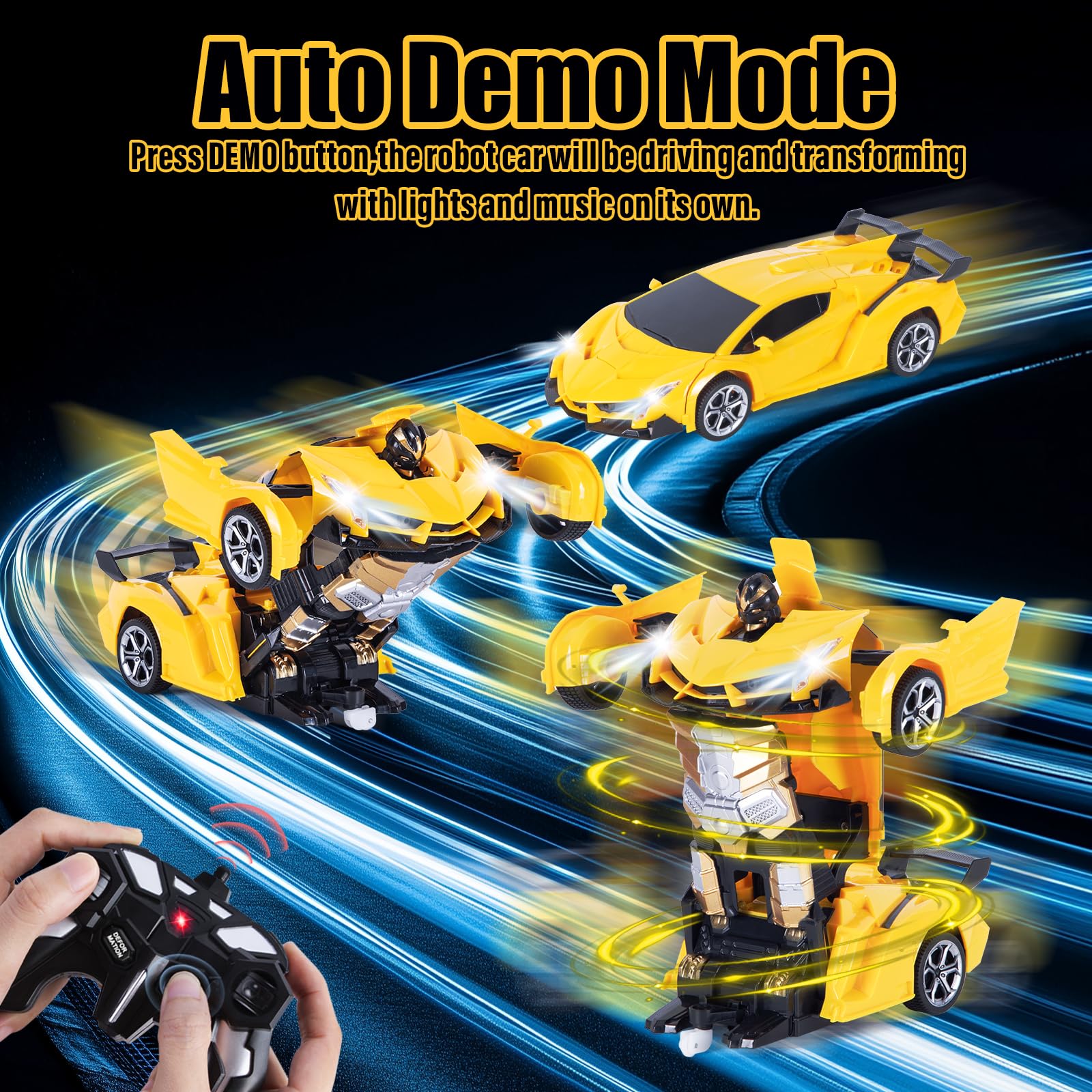 Highttoy Macchina Telecomandata per Bambini, Auto RC Trasformatore Rotazione a 360° con Rilevamento Gesti, Luce e Musica, 2.4GHz Robot Trasformatore Giocattoli Bambini 3 4 5 6 7 8 Anni, Giallo