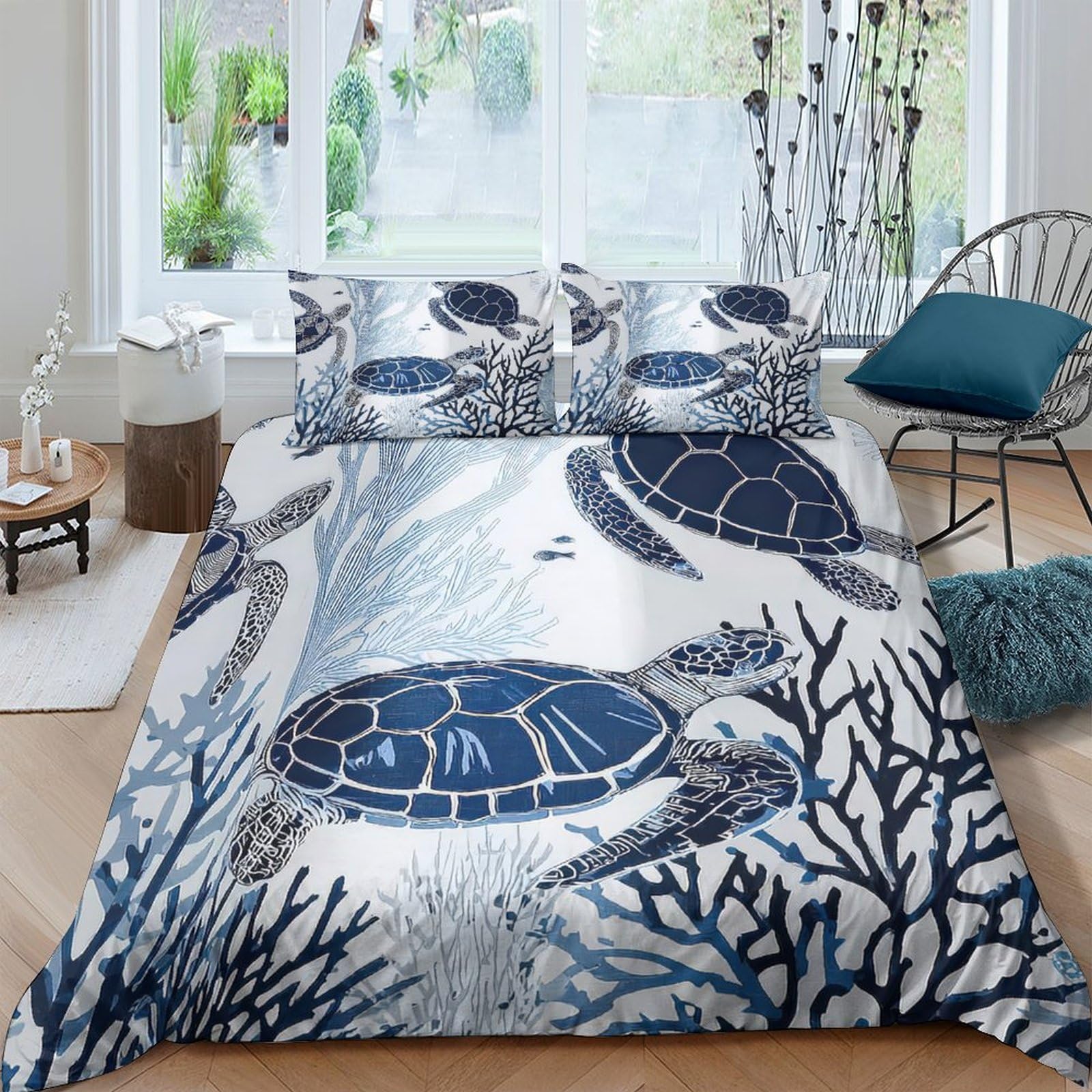 GPLZQXKJNH 3D Printed Sea Turtle Ocean Duvet Cover Set Microfiber Soft Breathable Blue Coral Bedding with 2 Pillowcases for Bedroom Single（135x200cm）