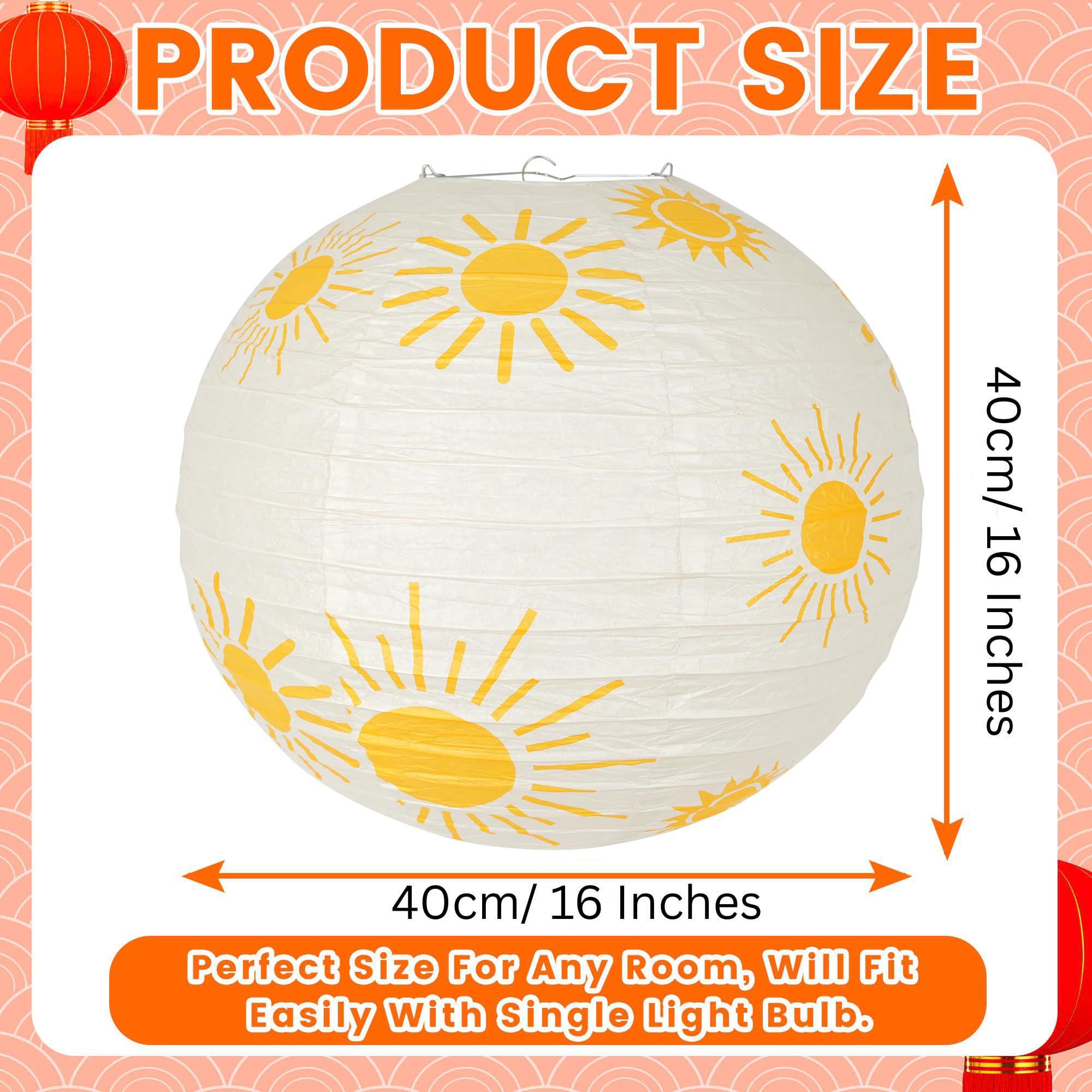 4pcs Paper Lampshade Ceiling Light Shade with Sun Design, 40cm Hanging Pendent Oriental Ribbed Light Fixture - Image 2