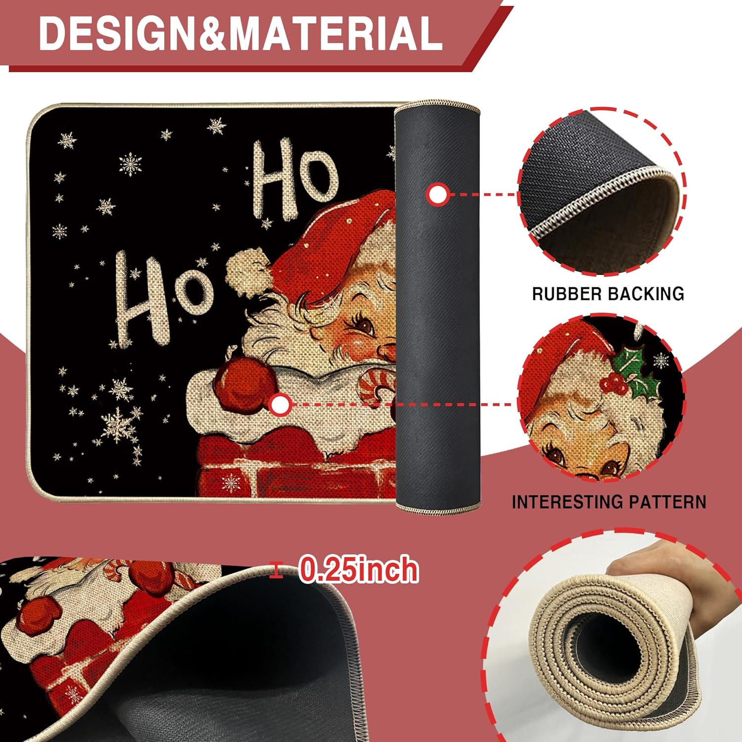 Christmas Santa Claus Snowman Kitchen Mats Set of 2, Let It Snow Kitchen Rugs Winter Poinsettia Red Bird Floor Non-Slip Low Profile Mat Seasonal Farmhouse Home Decor 17x29 and 17x47 Inch