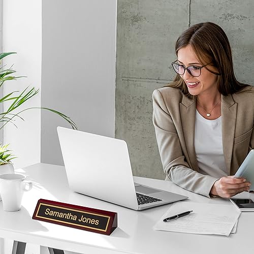 Miniatura 2 de Providence Engraving Placa de nombre de escritorio de madera personalizada para oficina, grabado láser personalizado con soporte para tarjetas de