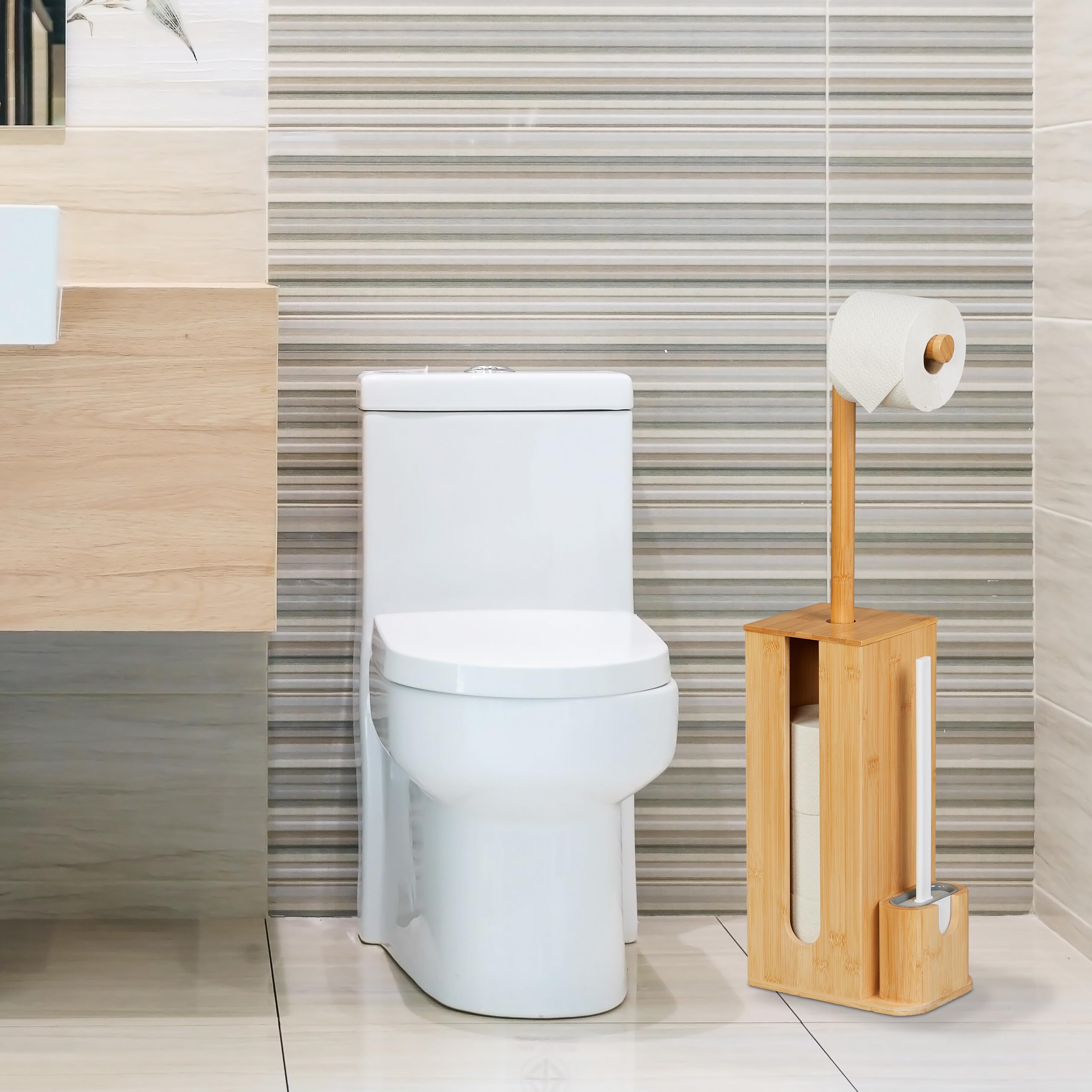 Relaxdays Zestaw do WC z bambusa, wys. x gł.: 72,5 x 26 x 15 cm, wolnostojąca, szczotka do WC z uchwytem na szczotkę, naturalna/biała