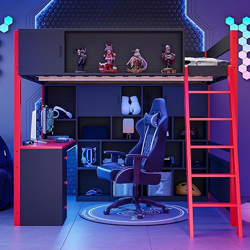 Miniatura 134 de Cama tipo loft de tamaño individual con 3 estantes, 2 armarios y 2 cajones, cama alta funcional con escalera de almacenamiento, marco de cama loft