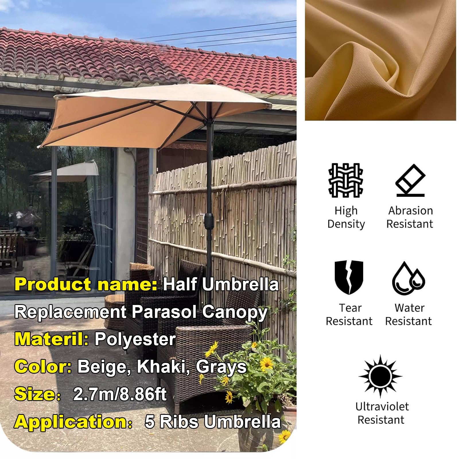 Telo Di Ricambio Per Ombrellone Mezzaluna 270cm 5 Braccia, Impermeabile Copertura Per Ombrellone In Tessuto Di Ricambio, Baldacchino Di Ricambio Ombrellone Giardino Patio Balcone Spiaggia(Beige)
