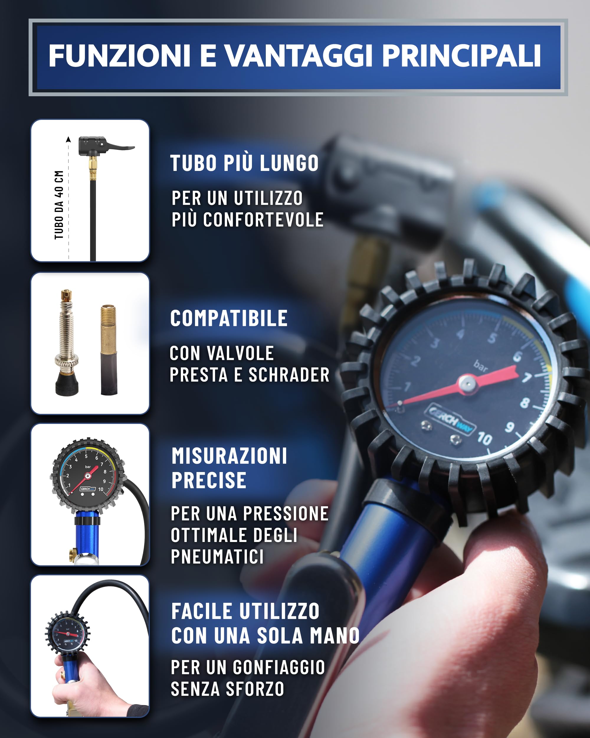 Manometro Pressione Gomme, Pistola Gonfiaggio Pneumatici - Presta, Schrader