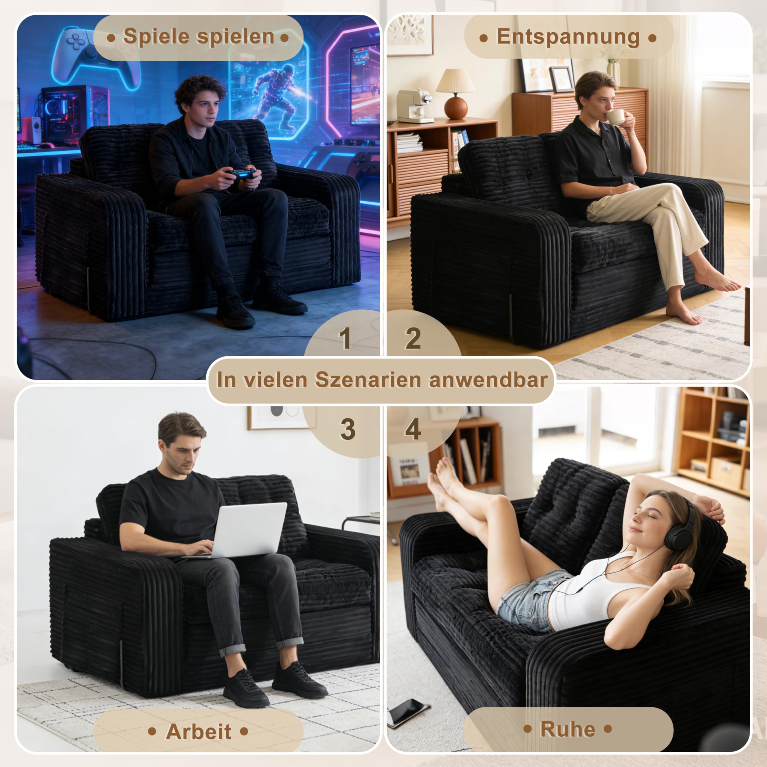 Faltbares Schlafsofa, Tragbarer Stuhl-Bett-Komfortable Bodensofa, Umwandelbarer Schlafsessel mit Kissen, Cord-Stoffbezug Sessel Schlafcouch, für Wohnzimmer und Schlafzimmer (2 Sitzer Sofa, Schwarz )