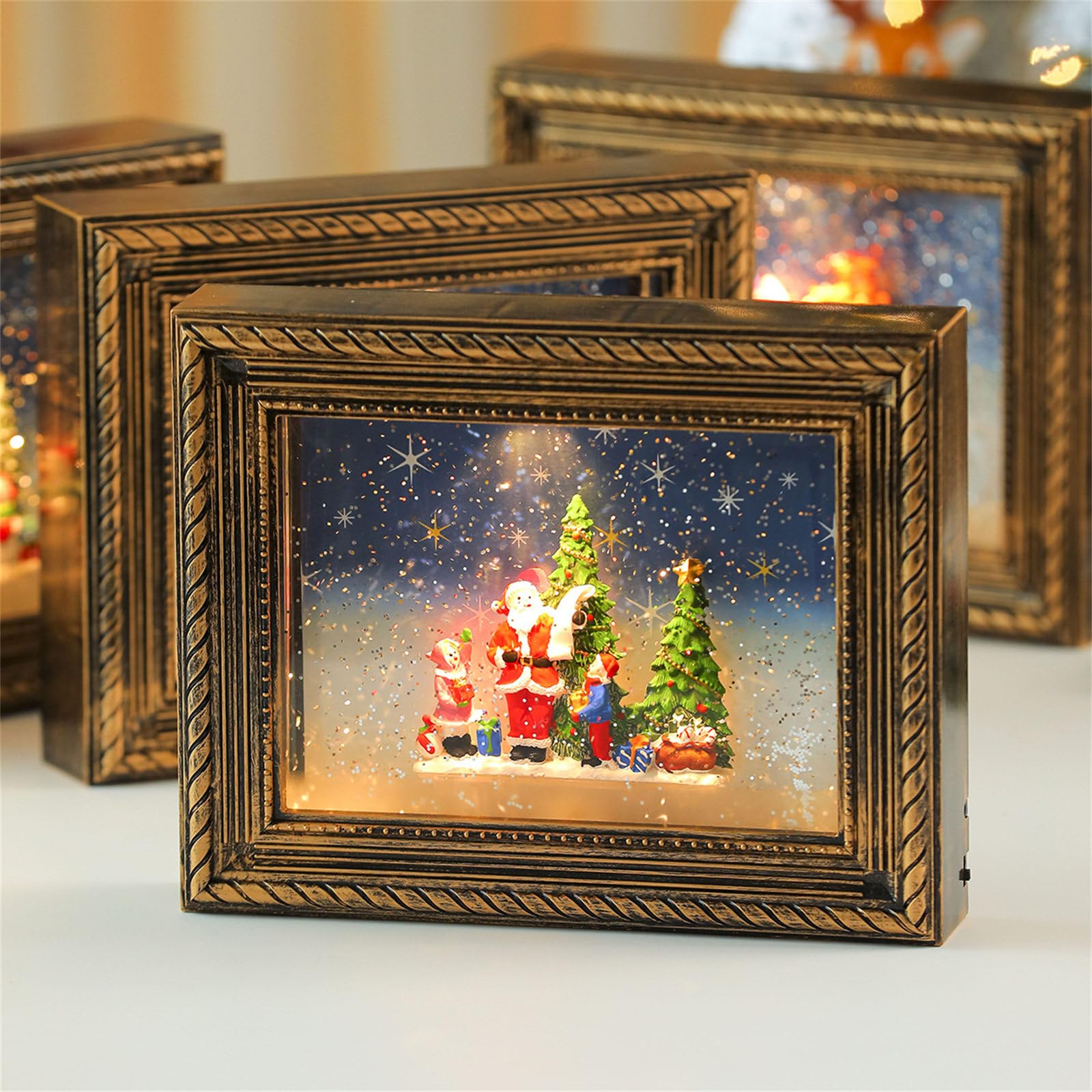 Caja giratoria iluminada para adornos navideños con visualización de imágenes personalizable y marco de fotos musical de Navidad con efecto suave de nevadas