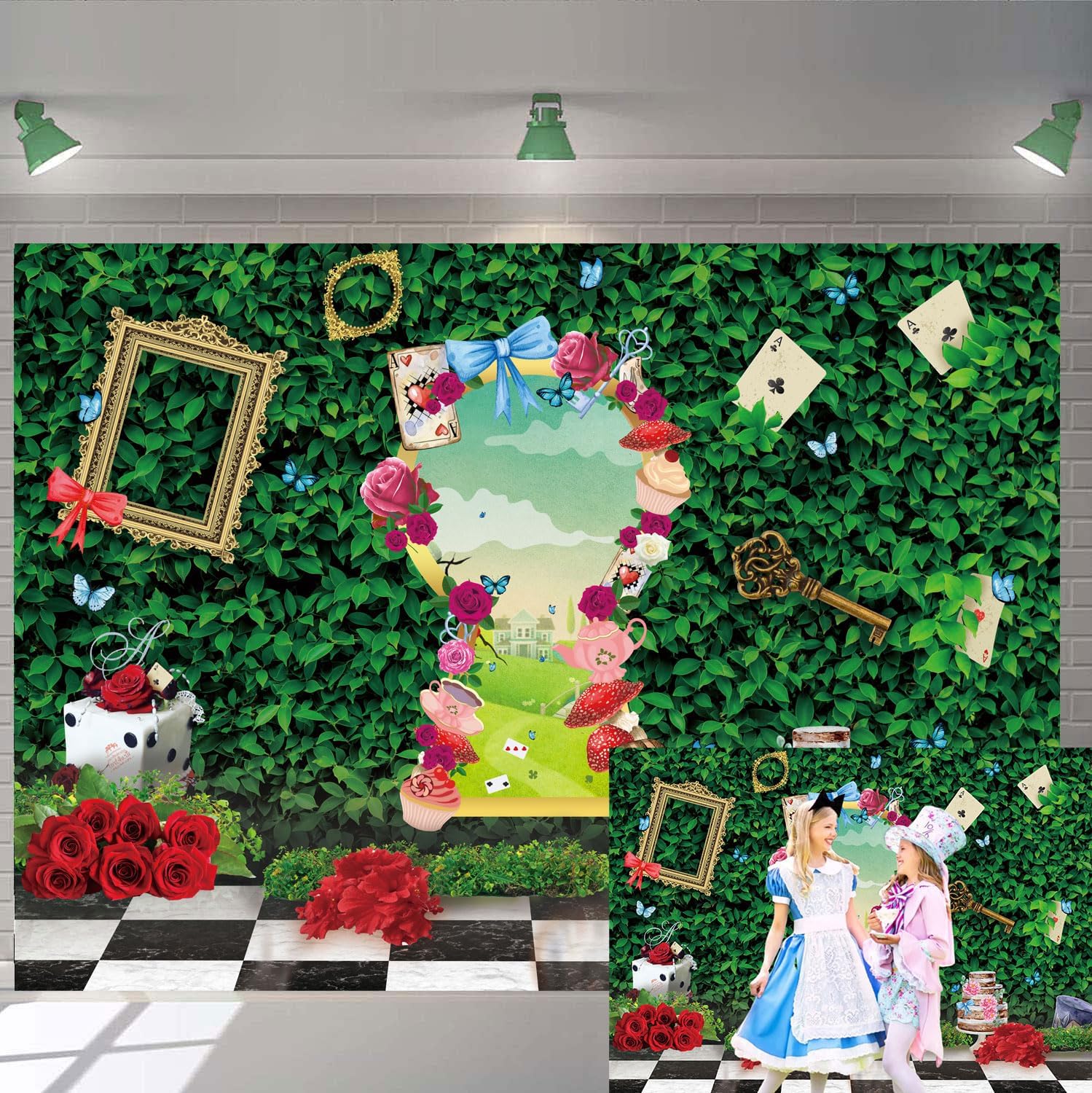 Wonderland Tea Party Backdrop Green Leaves Checkerboard Rabbit ...