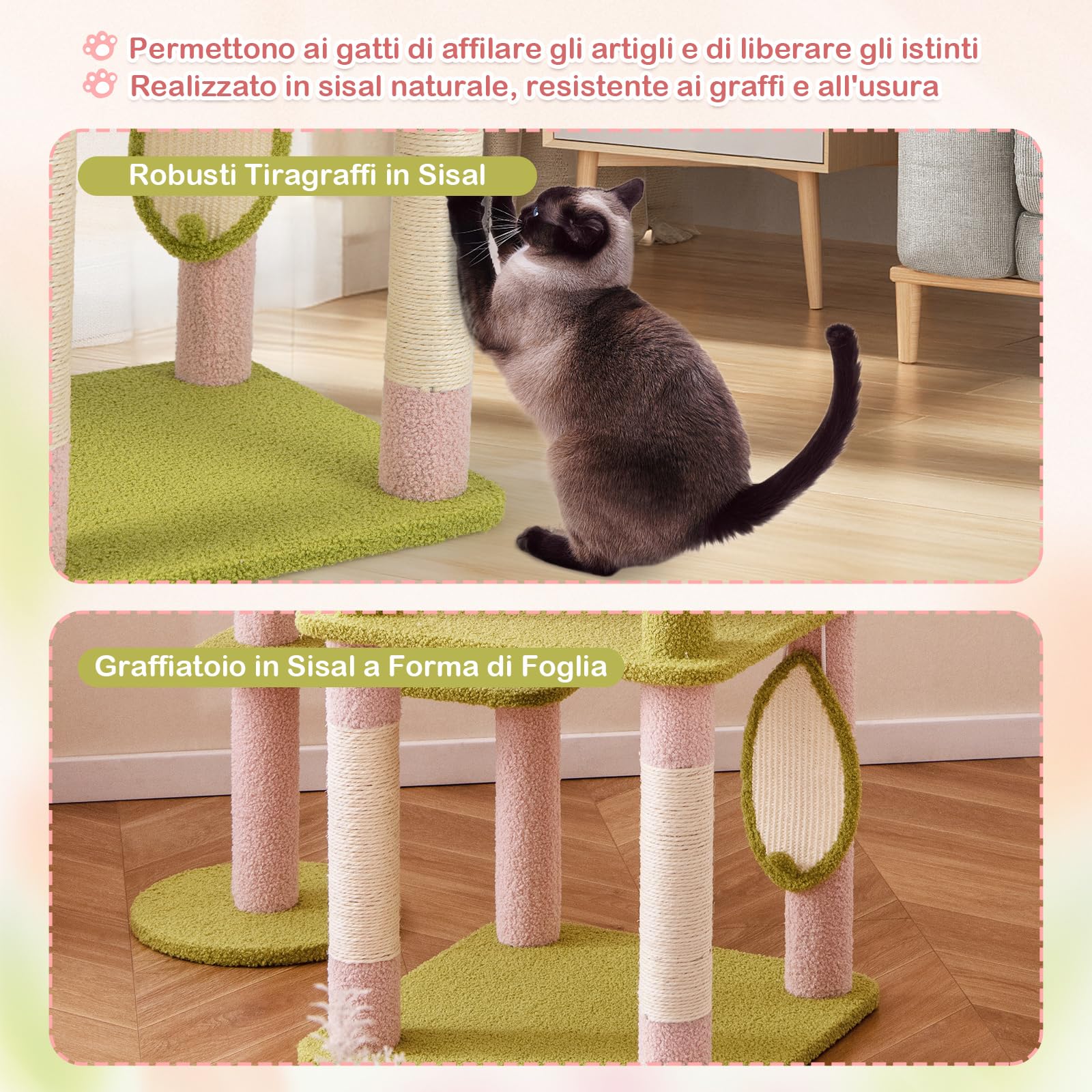 COSTWAY Tiragraffi per Gatto Alto 150 cm Stile Floreale, Albero Tiragraffi Gatti con Pali in Sisal, Piattaforme, Grotta e Pompon, Torre Gatto Rivestito in Peluche, Rosa e Verde