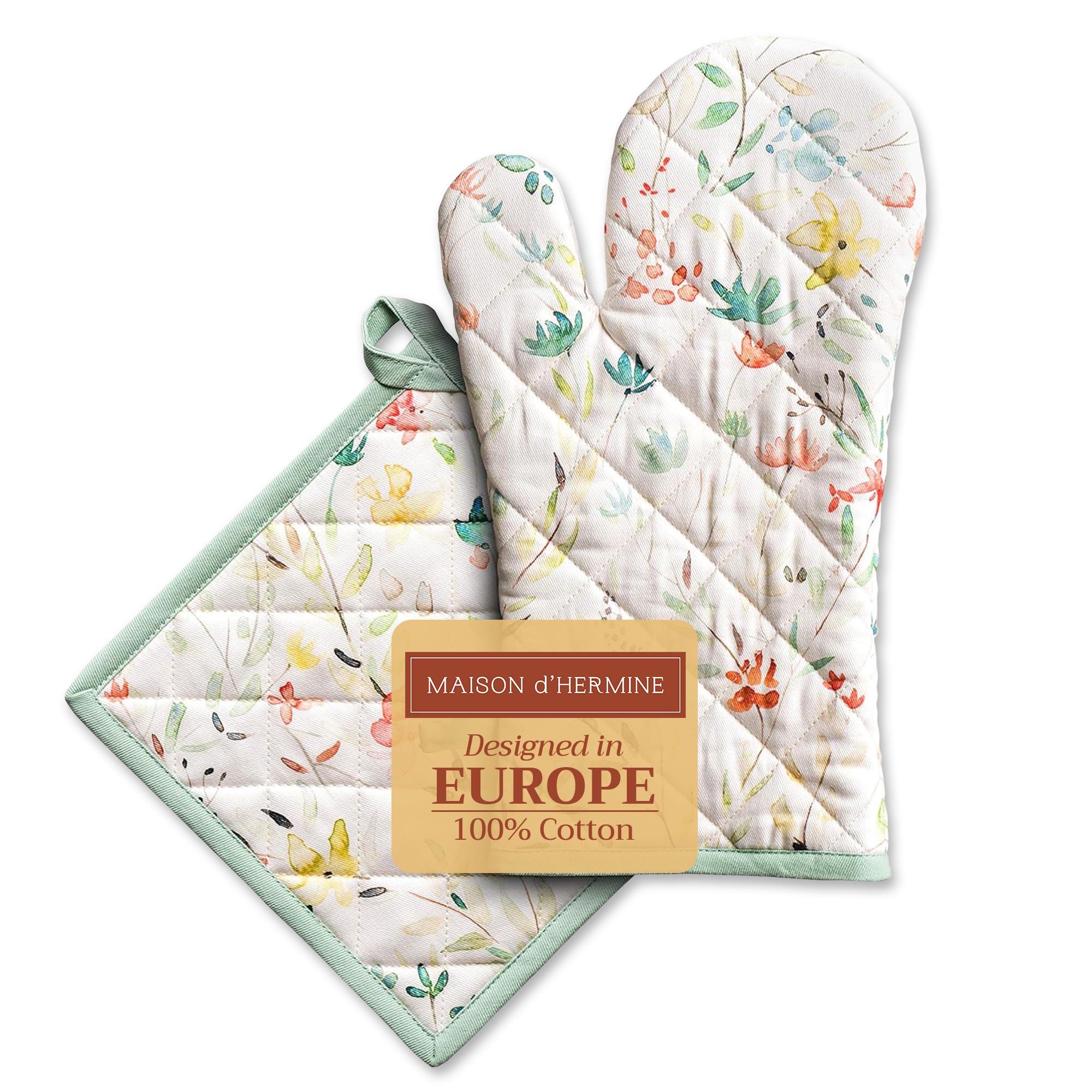 Maison d' Hermine 100% Cotton Oven Mitt & Pot Holder Set (19 x 33 cm & 20 x 20 cm) Heat Resistant BBQ Cooking Gloves with Loop for Baking Handling Hot Pans Spring Summer (Colmar)