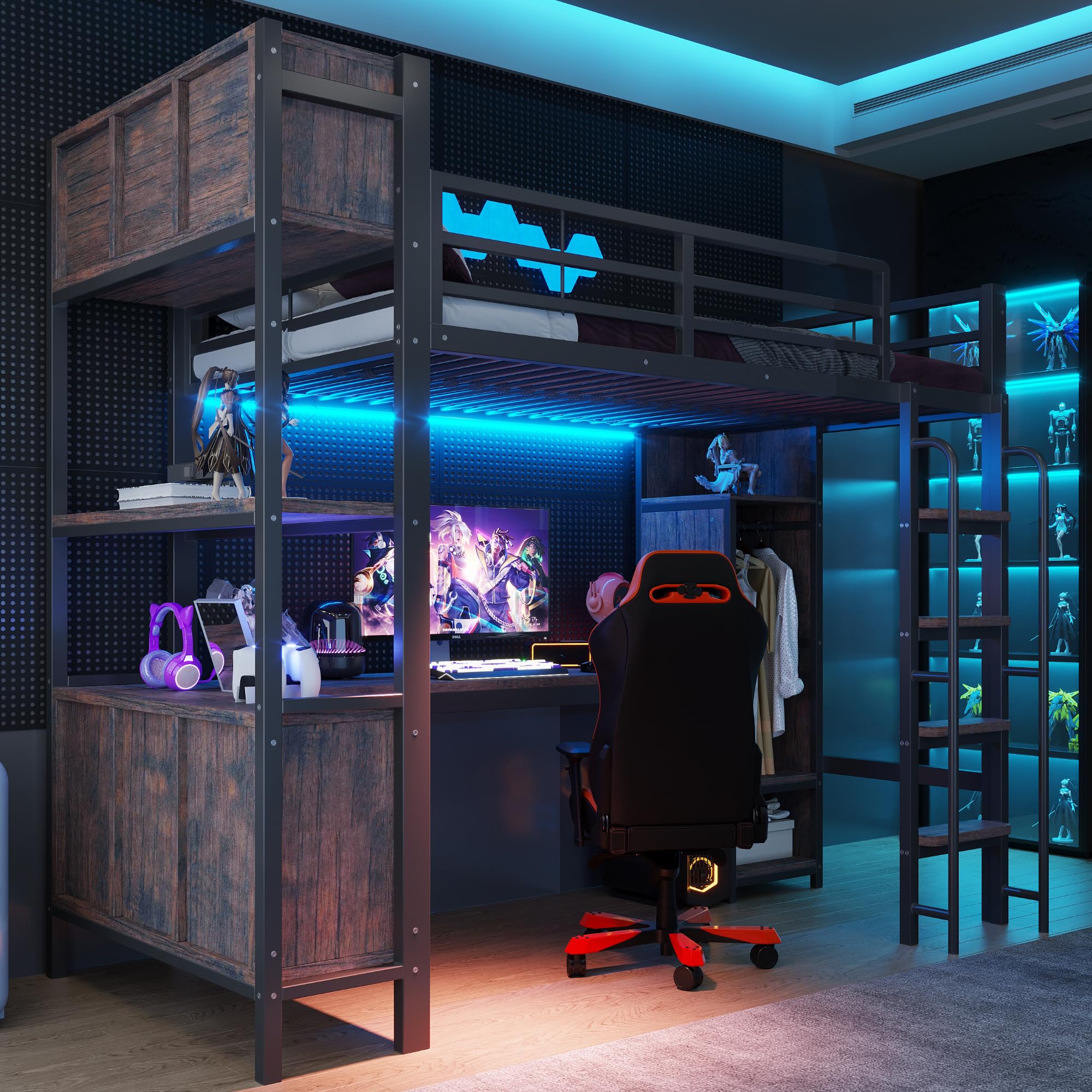Letto a Soppalco Gaming per Cameretta, con Scrivania, Luci LED, Presa Elettrica, Armadio, Ripiani e Scaffali Aperti, Scala Larga, Metallo Robusta, per Adolescenti e Adulti (90 x 200 cm - Singolo)