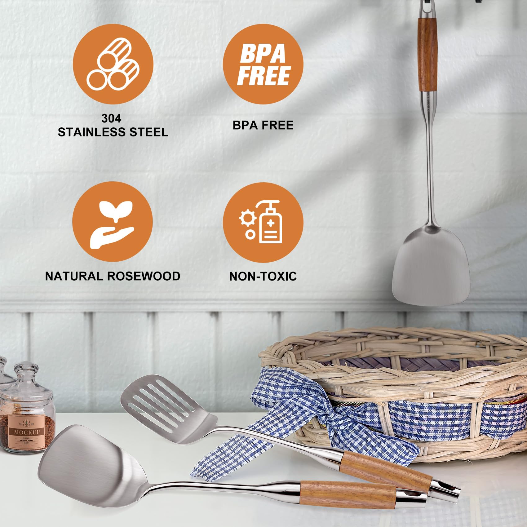 Küchenutensilien-Set aus 304 Edelstahl mit Holzgriff, 12-teiliges hitzebeständiges Metall-Kochutensilien-Set, Pfannenwender, Schöpflöffel, Skimmer, Spaghetti-Löffel, Zange, Kartoffelstampfer