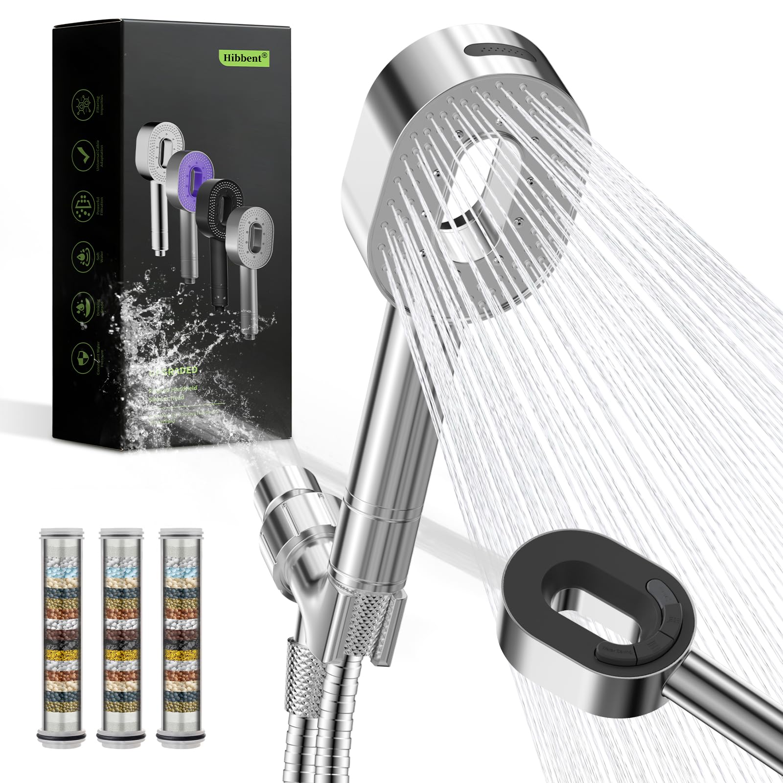 Hibbent Filtered Showerhead with Handheld, High Pressure 5 Sprays Shower Head, Anti-Clog Nozzles, Brass Holder & 71" Metal Hose, 3 Water Softener Filter Remove Chlorine, Reduce Dry Itchy Skin, Chrome - 1