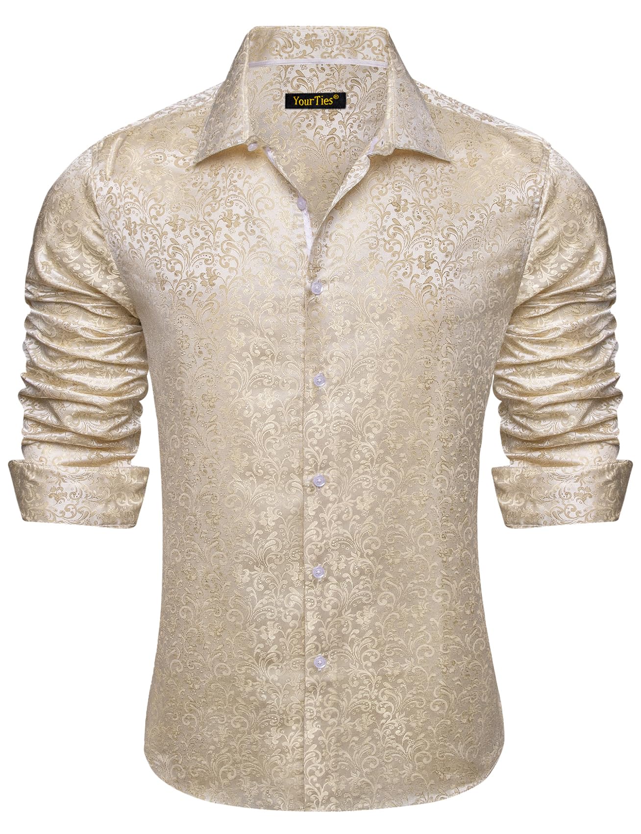 YourTies Mens Silk Paisley Dress Shirt Casual Button Down Shirt Long Sleeve Western Floral Shirts Wedding Party Holiday